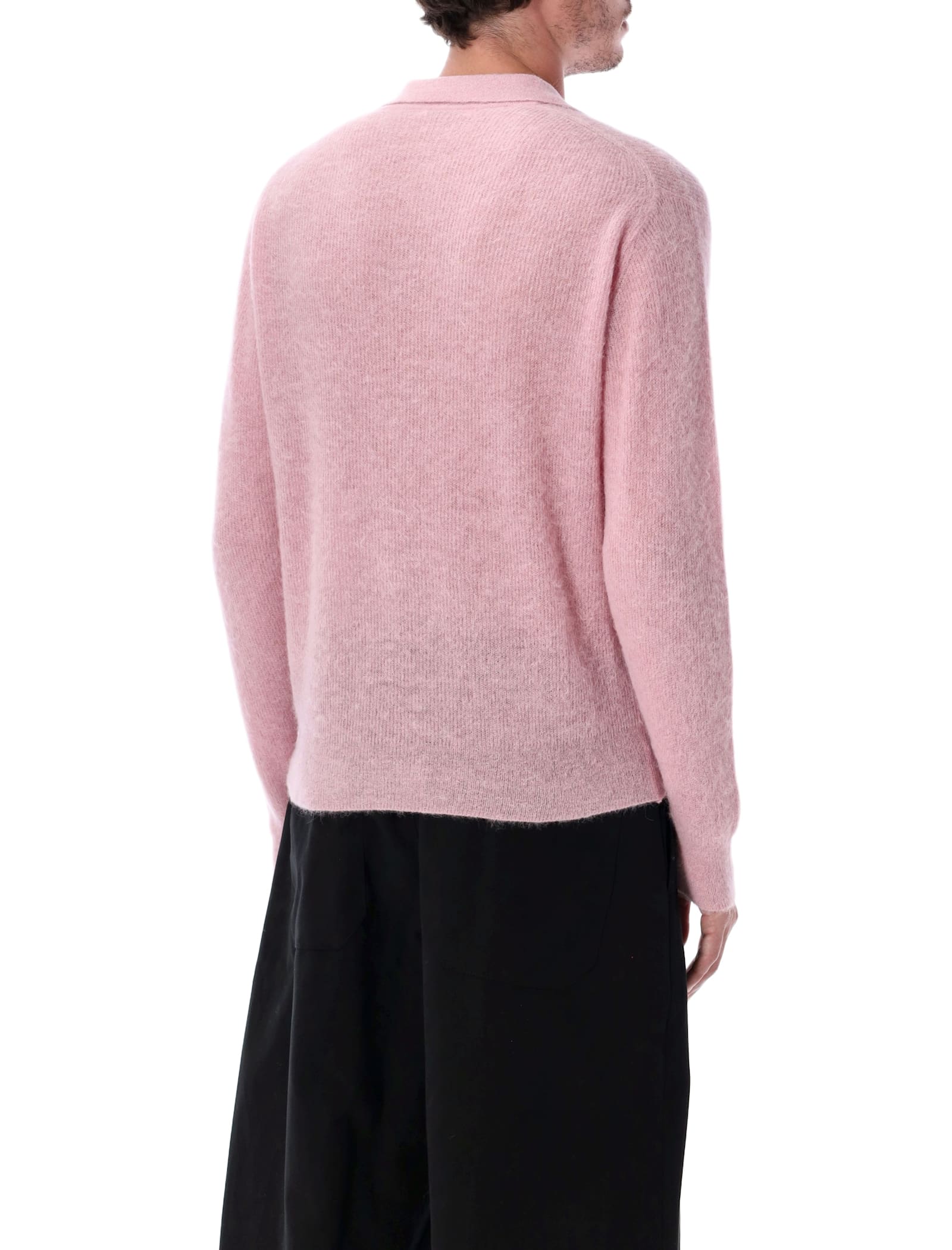 Auralee Ribbed Polo Sweater With Buttoned Placket And Textured Knit In Pink
