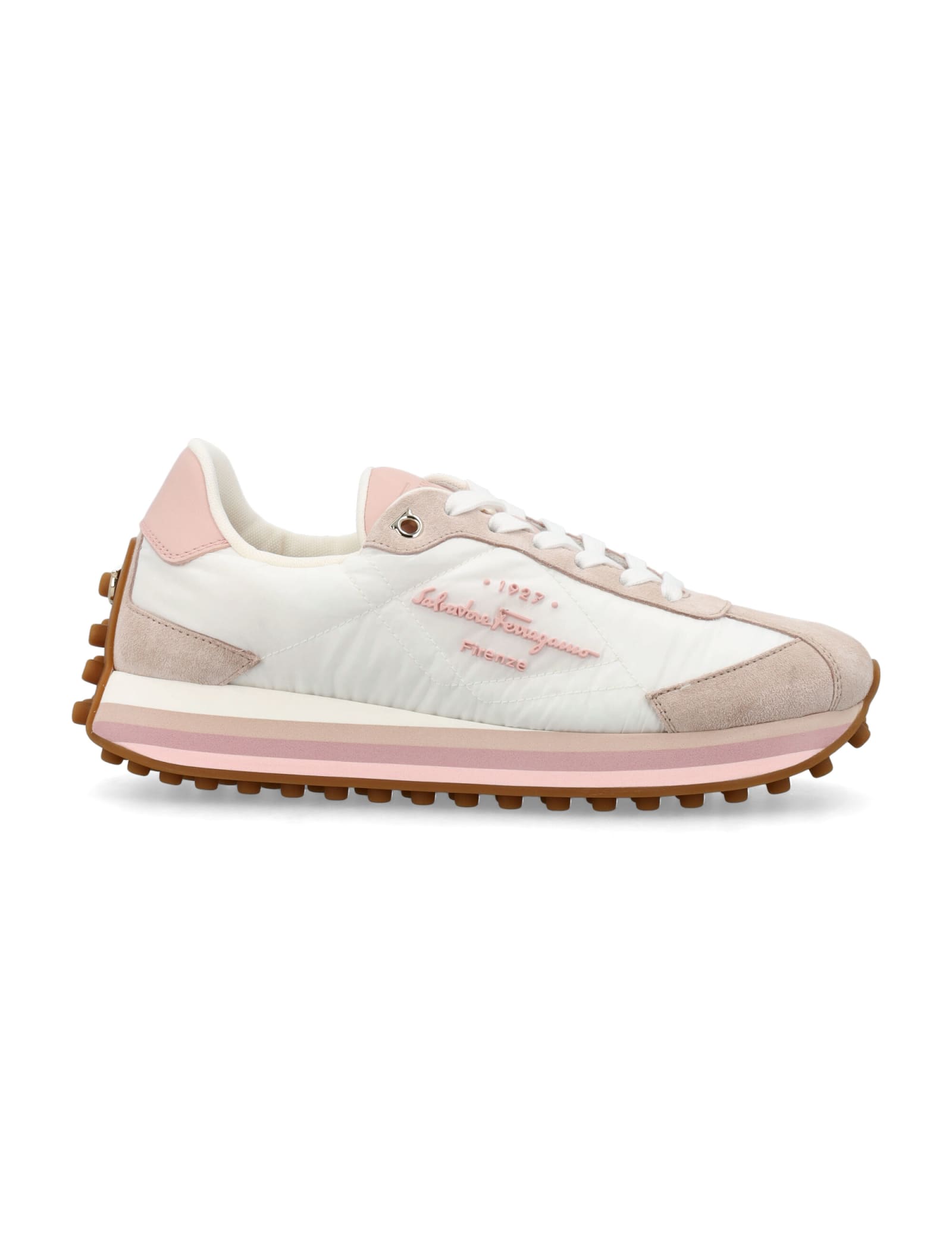 Ferragamo Iggy Colorblock-heel Retro Sneakers In White/pink