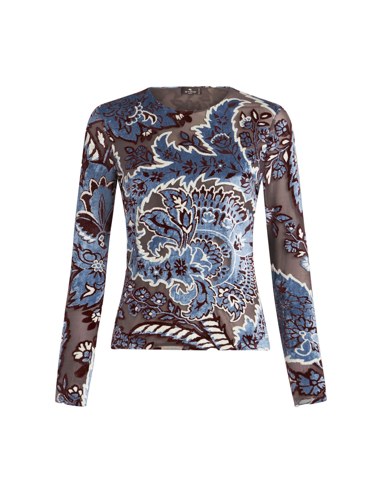 Shop Etro Blue Velvet Jacquard Tulle Top