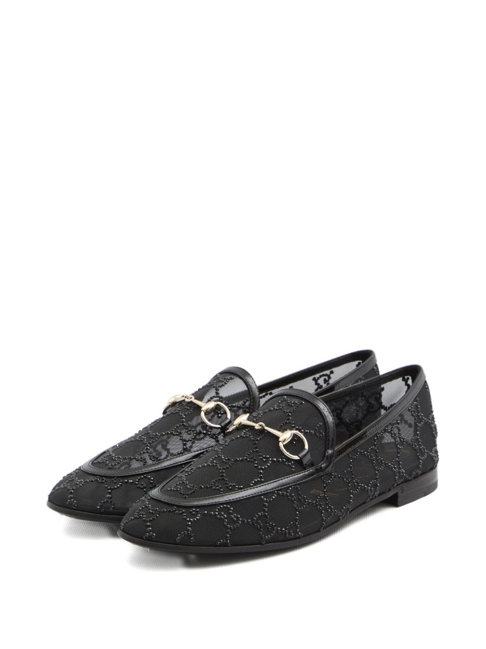 Gucci Almond Toe Mesh Loafers Embellished With Crystals In Black