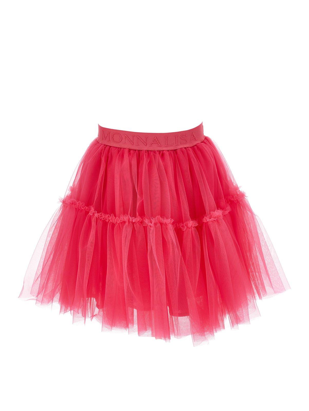 Shop Monnalisa Logo-waistband Tiered Tulle Overlay Skirt In Fuchsia