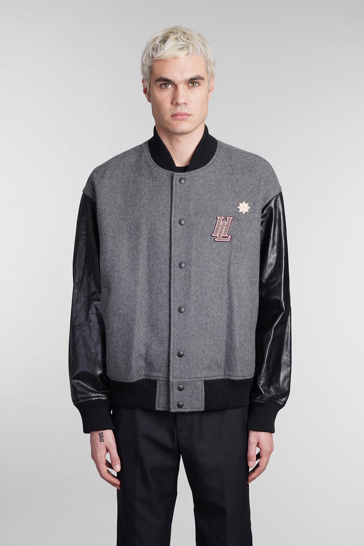 Helmut Lang Bomber In Grey Leather And Fabric
