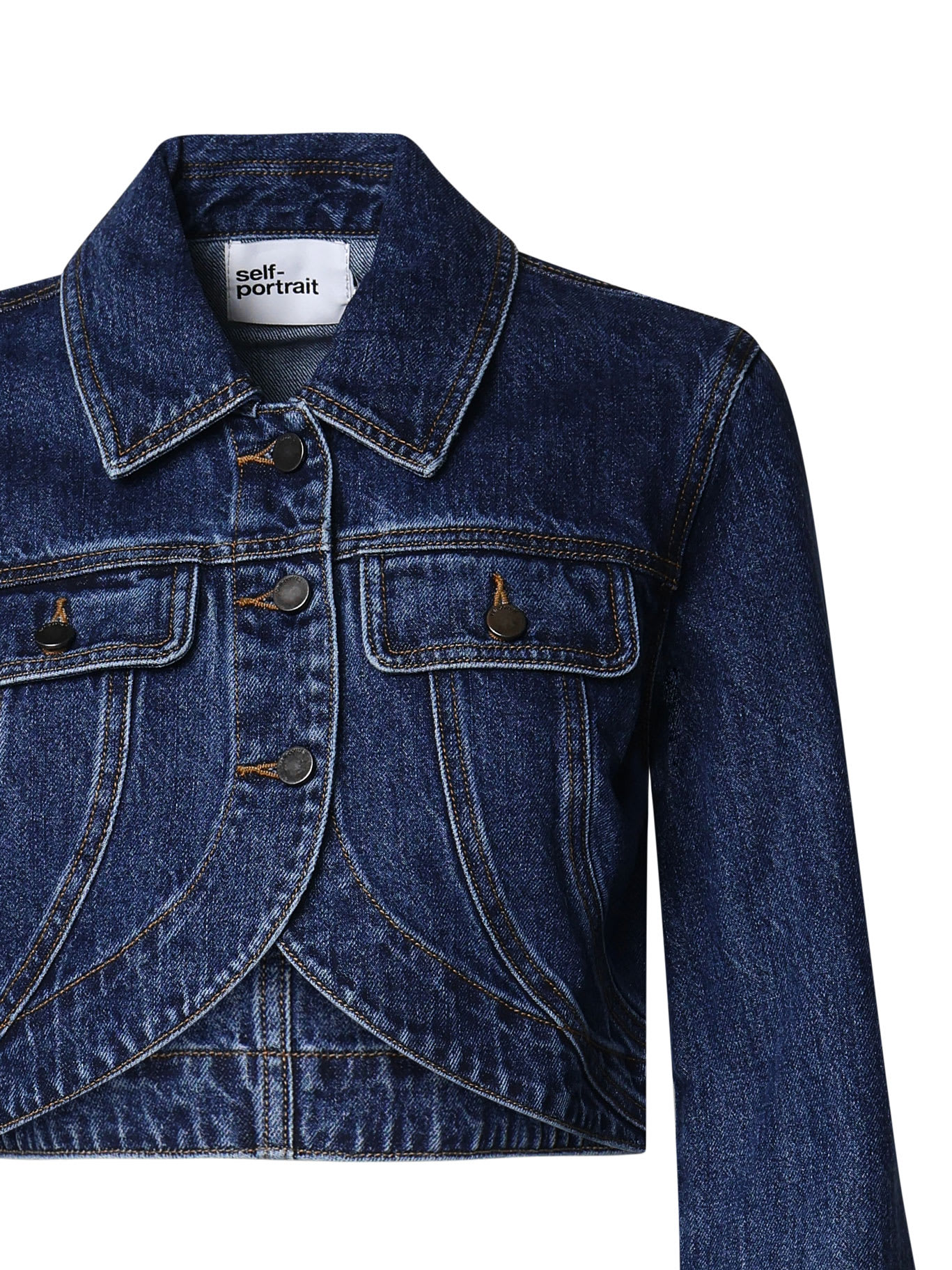 Shop Self-portrait Cropped Denim Jacket In Blue