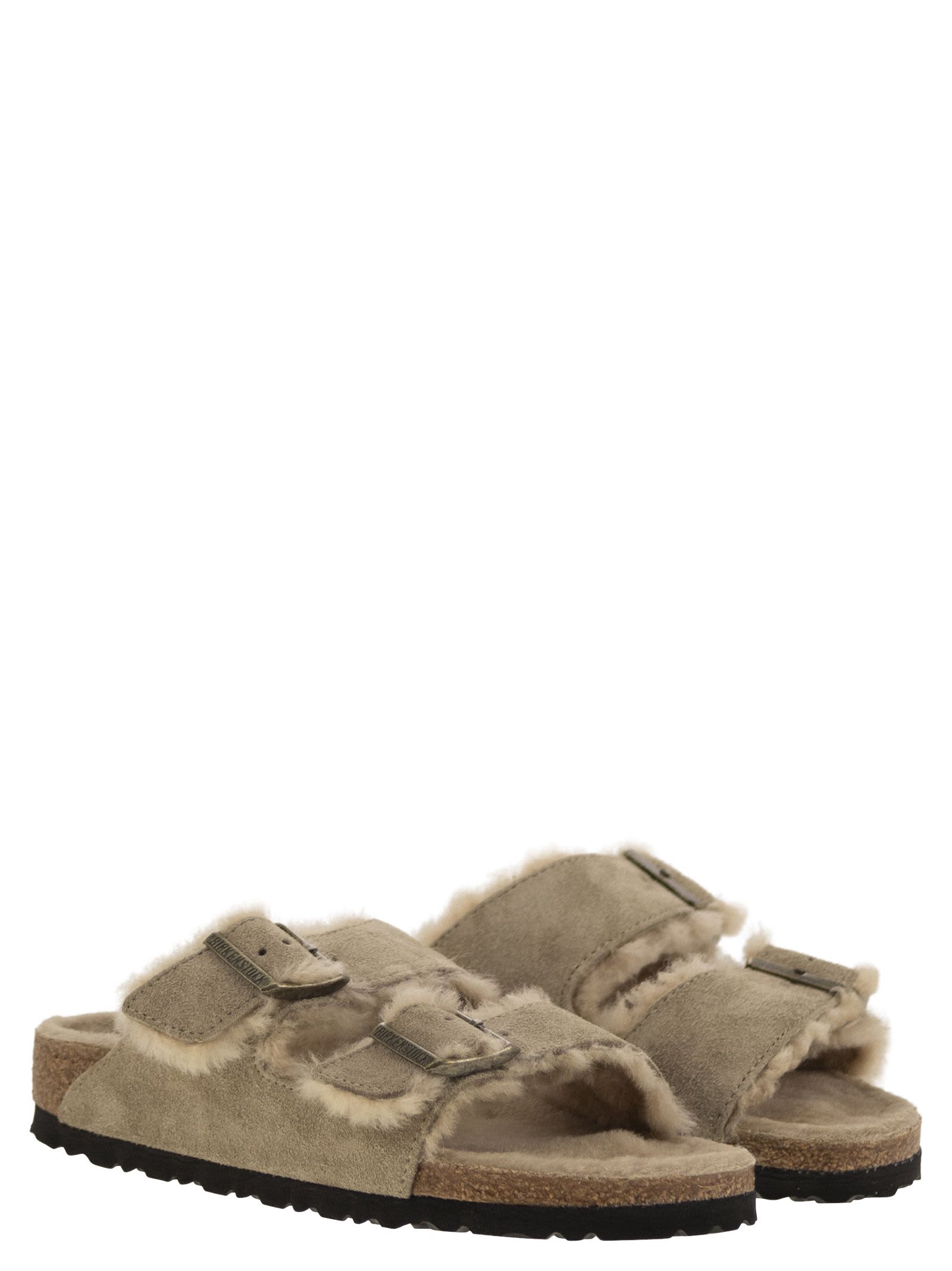 Shop Birkenstock Arizona - Suede Lamb Fur Slipper In Turtledove