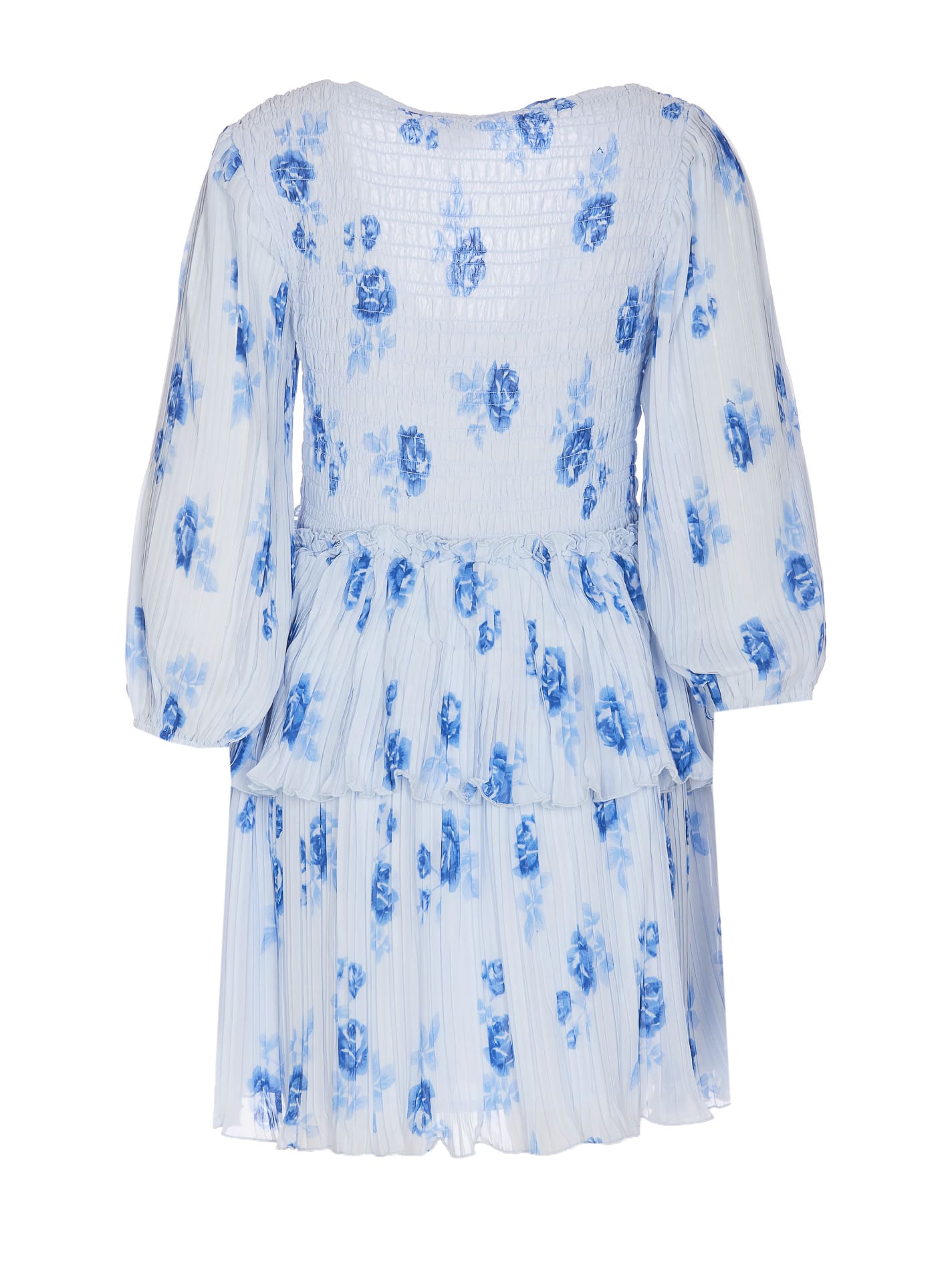 Shop Ganni Pleated Georgette Flounce Smock Mini Dress In Blue