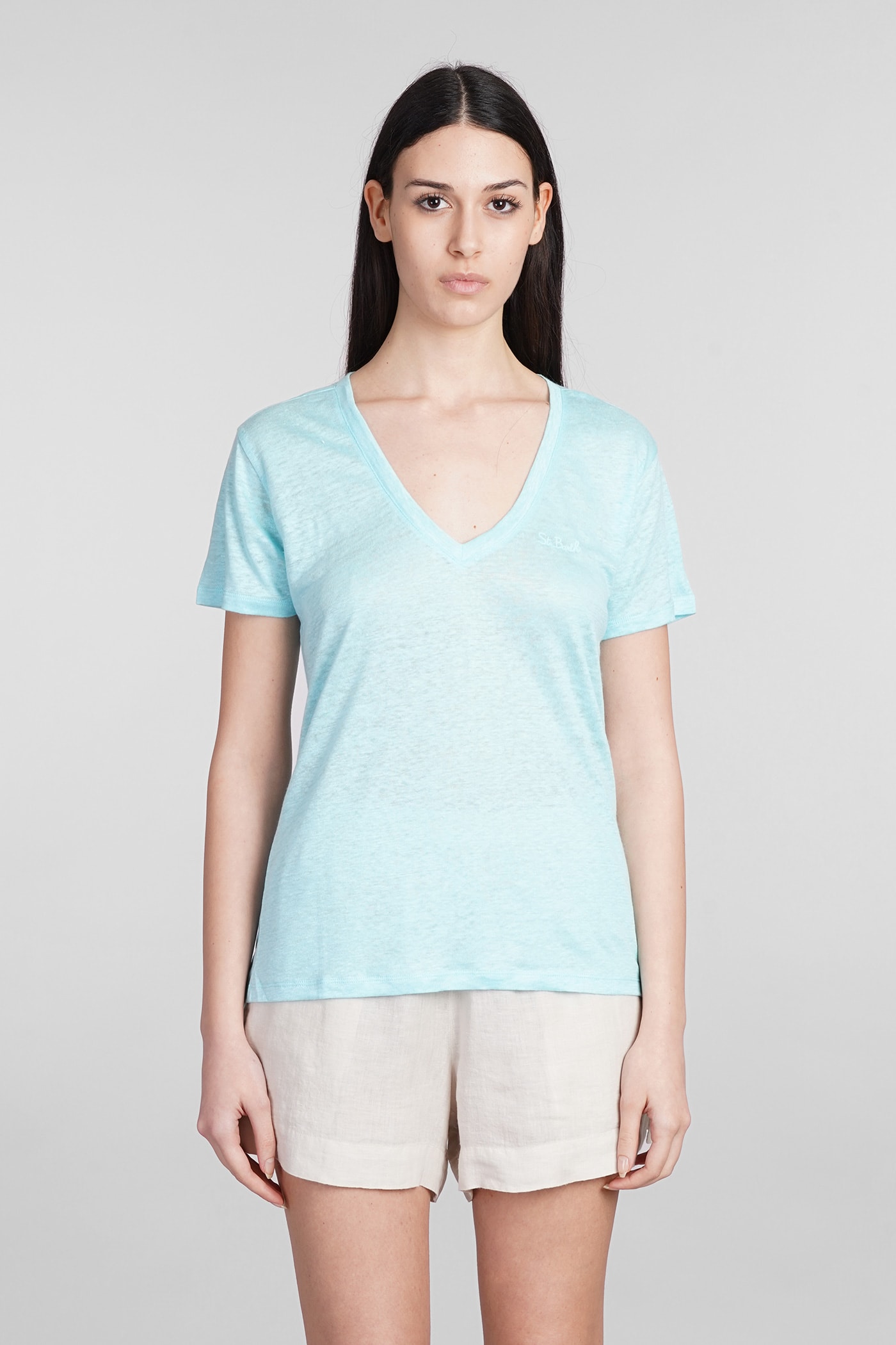 Shop Mc2 Saint Barth Eloise T-shirt In Cyan Linen