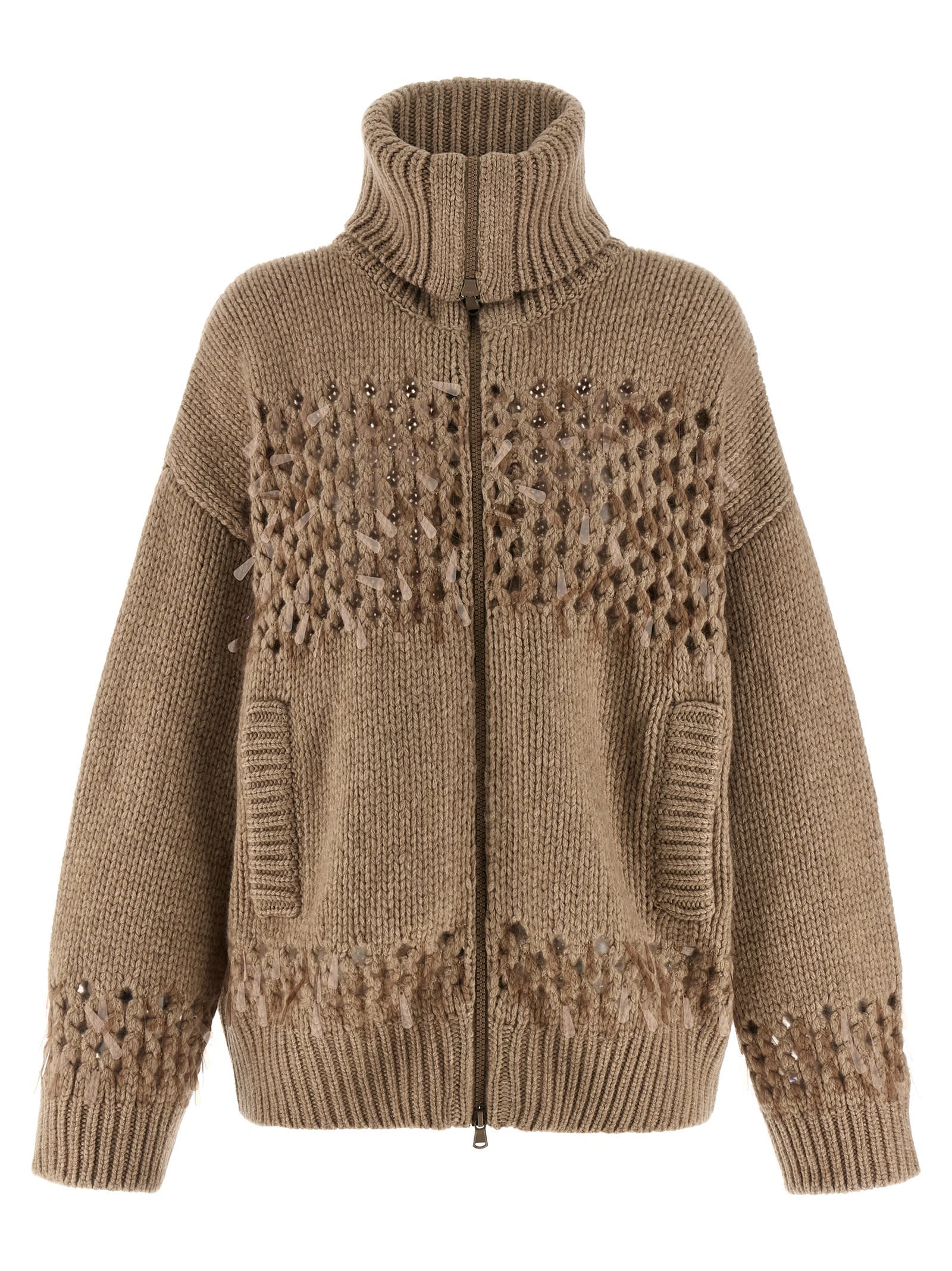 Brunello Cucinelli Drop Sequin Cardigan Sweaters And Cardigans Beige In Brown