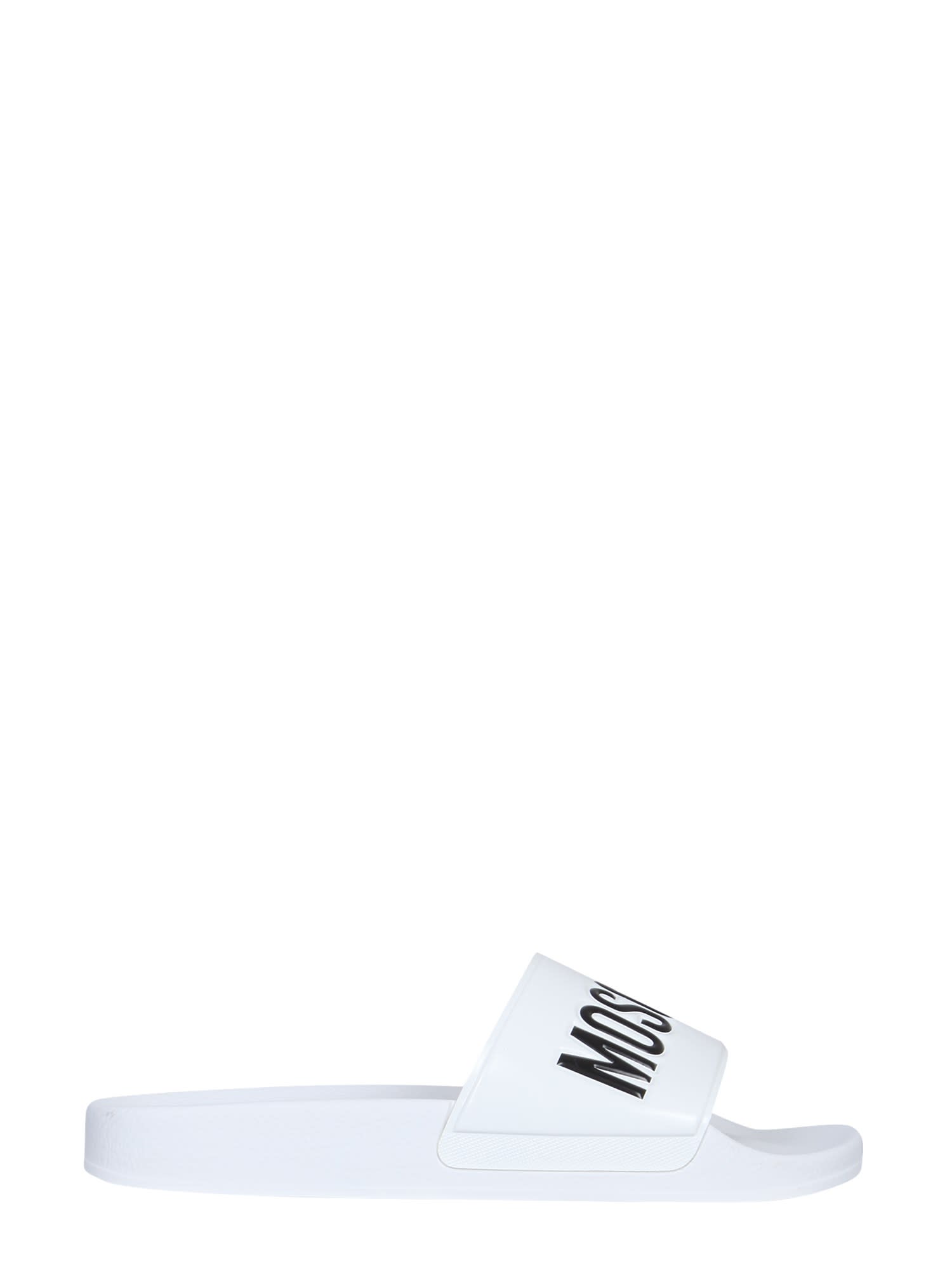 Moschino White Logo Pool Slides In Bianco