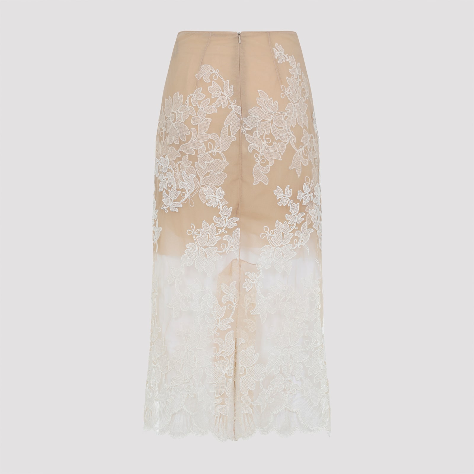 Ermanno Scervino Midi Skirt With Floral Lace Overlay In Neutral