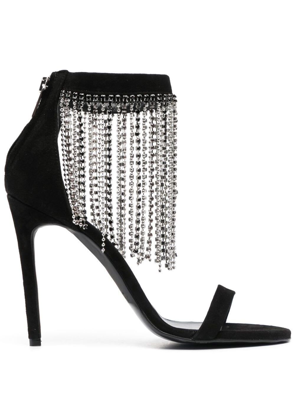 PINKO SALOME BLACK SANDALS WITH RHINESTONE-FRINGE IN SUEDE WOMAN