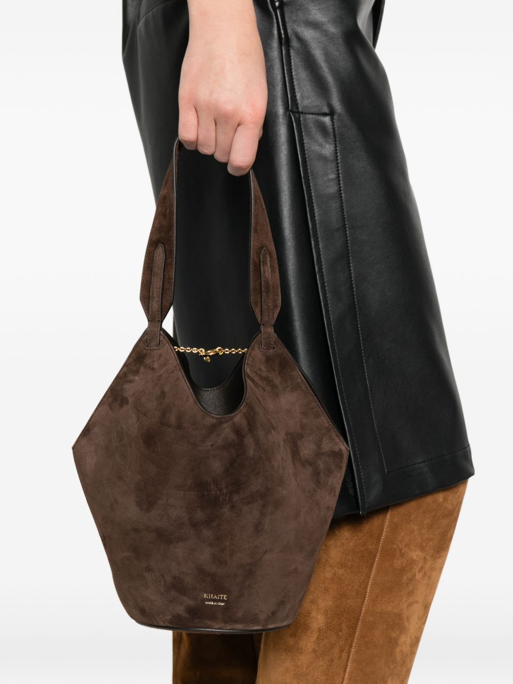 Khaite Lotus Mini Leather Bucket Bag In Brown