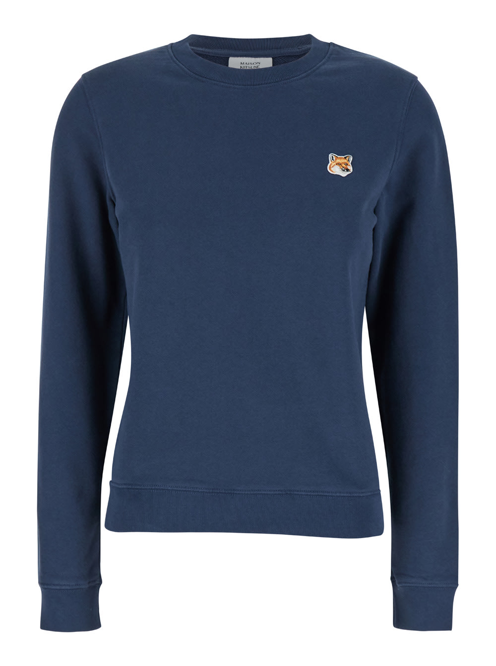 MAISON KITSUNÉ BLUE CREWNECK SWEATER WITH FOX HEAD LOGO PATCH ON THE FRONT IN COTTON WOMAN