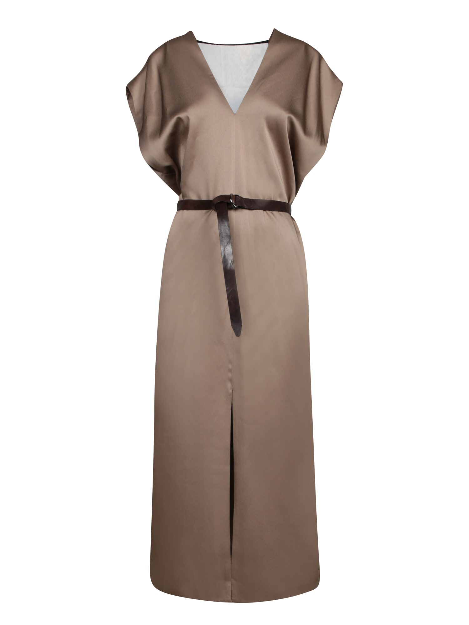Brunello Cucinelli Taupe Satin Belted Midi Dress In Brown