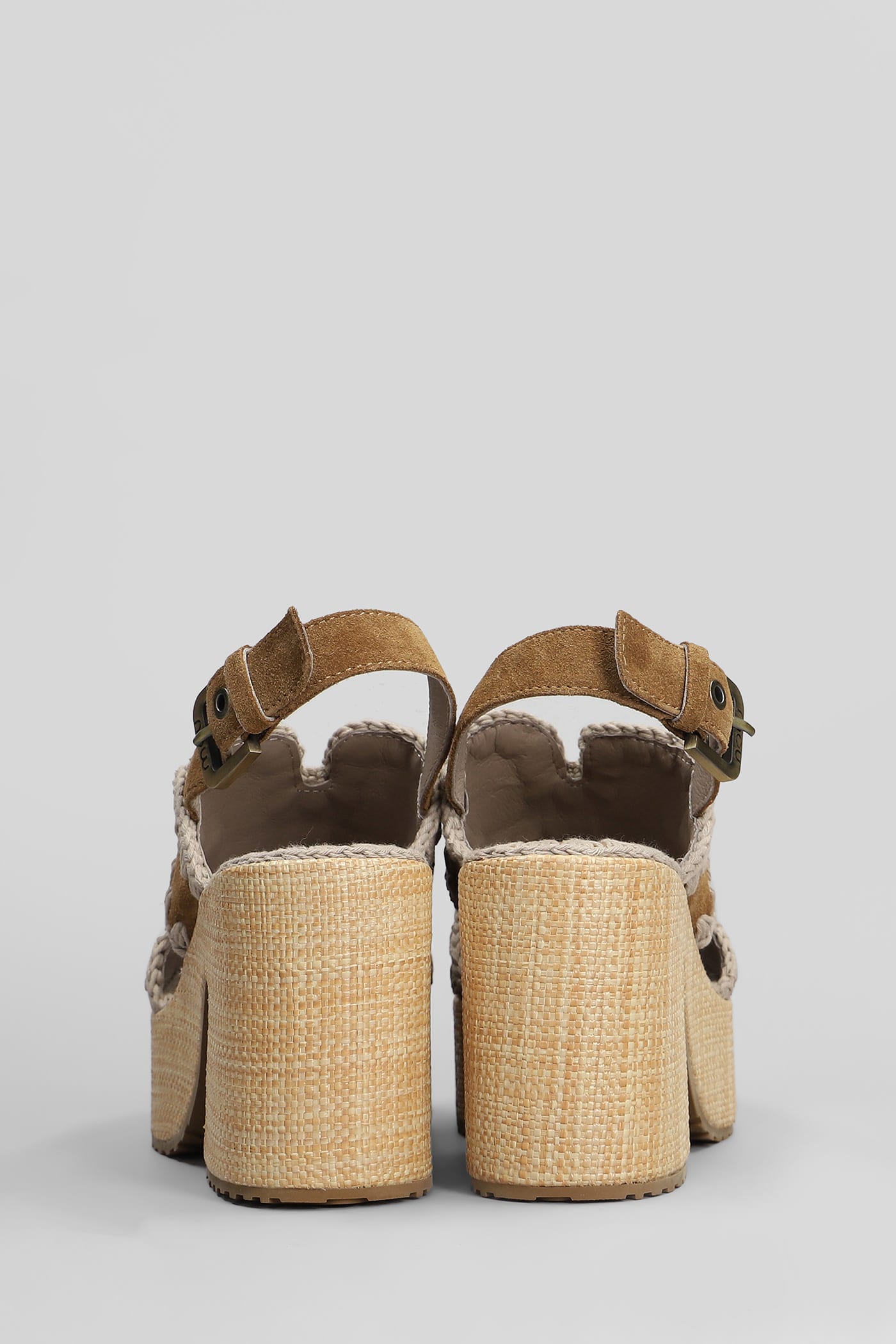 Mou Raffia Platform Sandals In Leather Color Suede In Leather Color