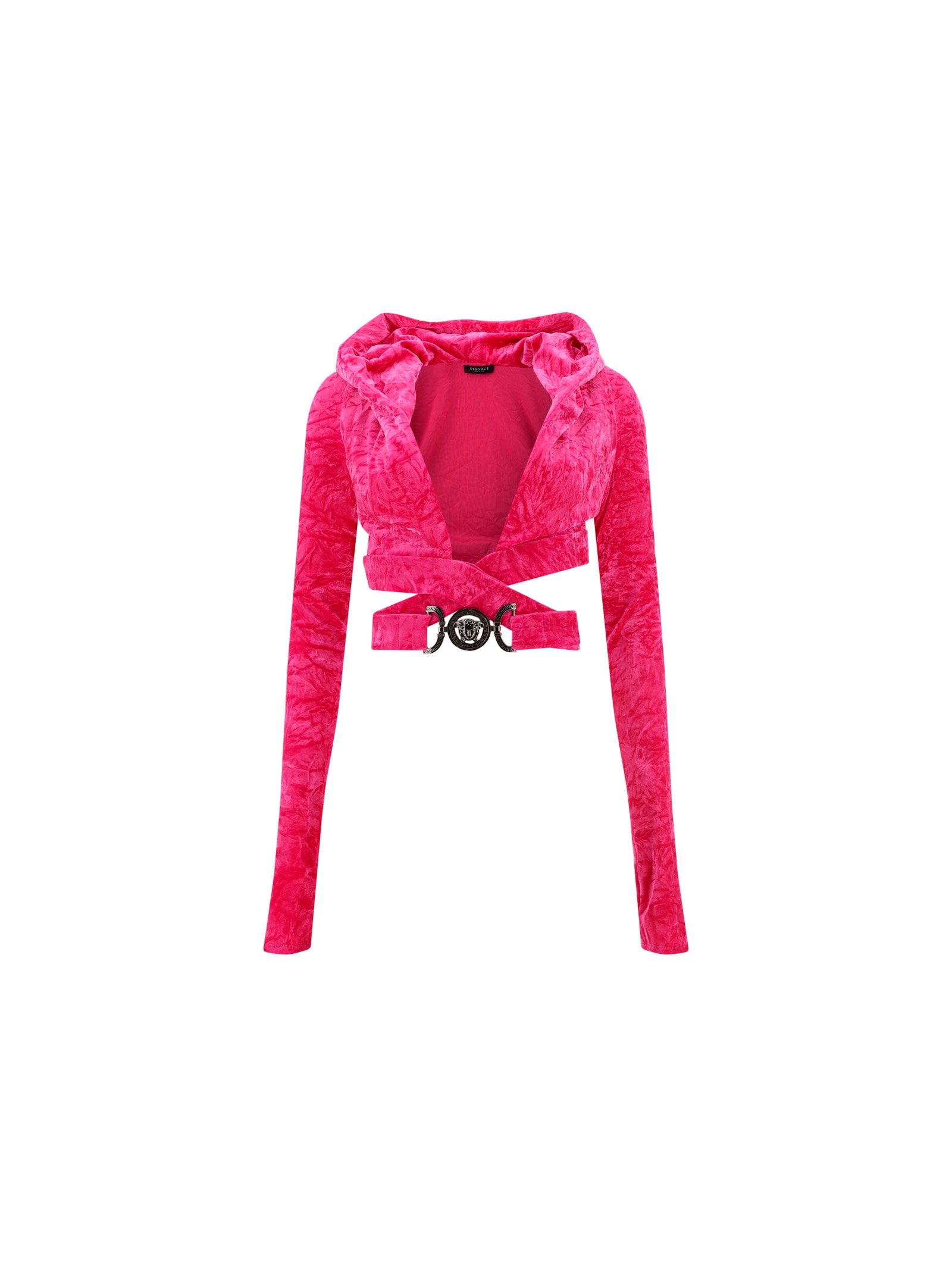 Versace 'medusa Biggie' Fuchsia Crop Hoodie Top With Criss-cross Belt In Crushed Velvet Woman In Glossy Pink