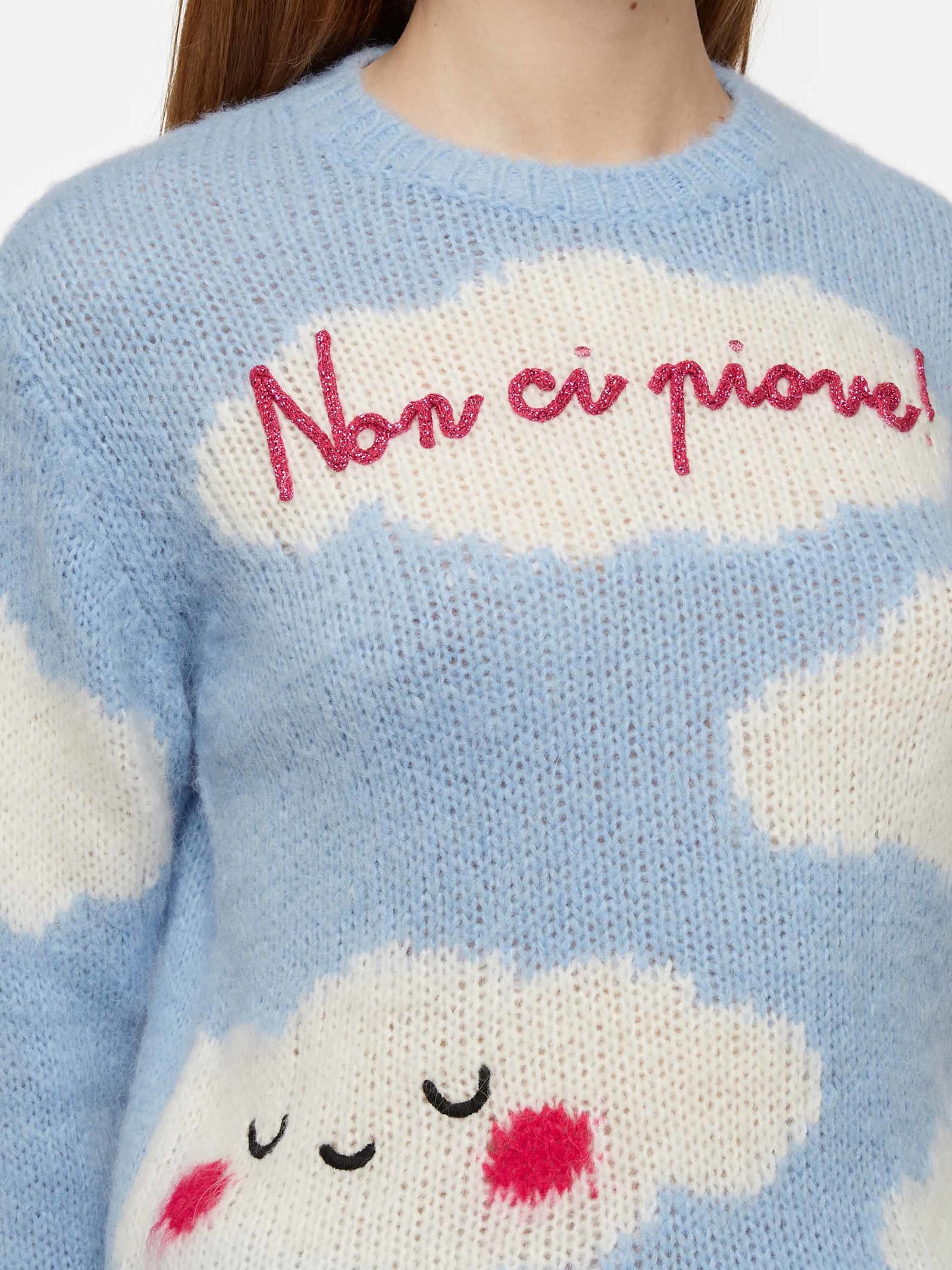 Mc2 Saint Barth Woman Crewneck Soft Sweater With Non Ci Piove Embroidery In Sky