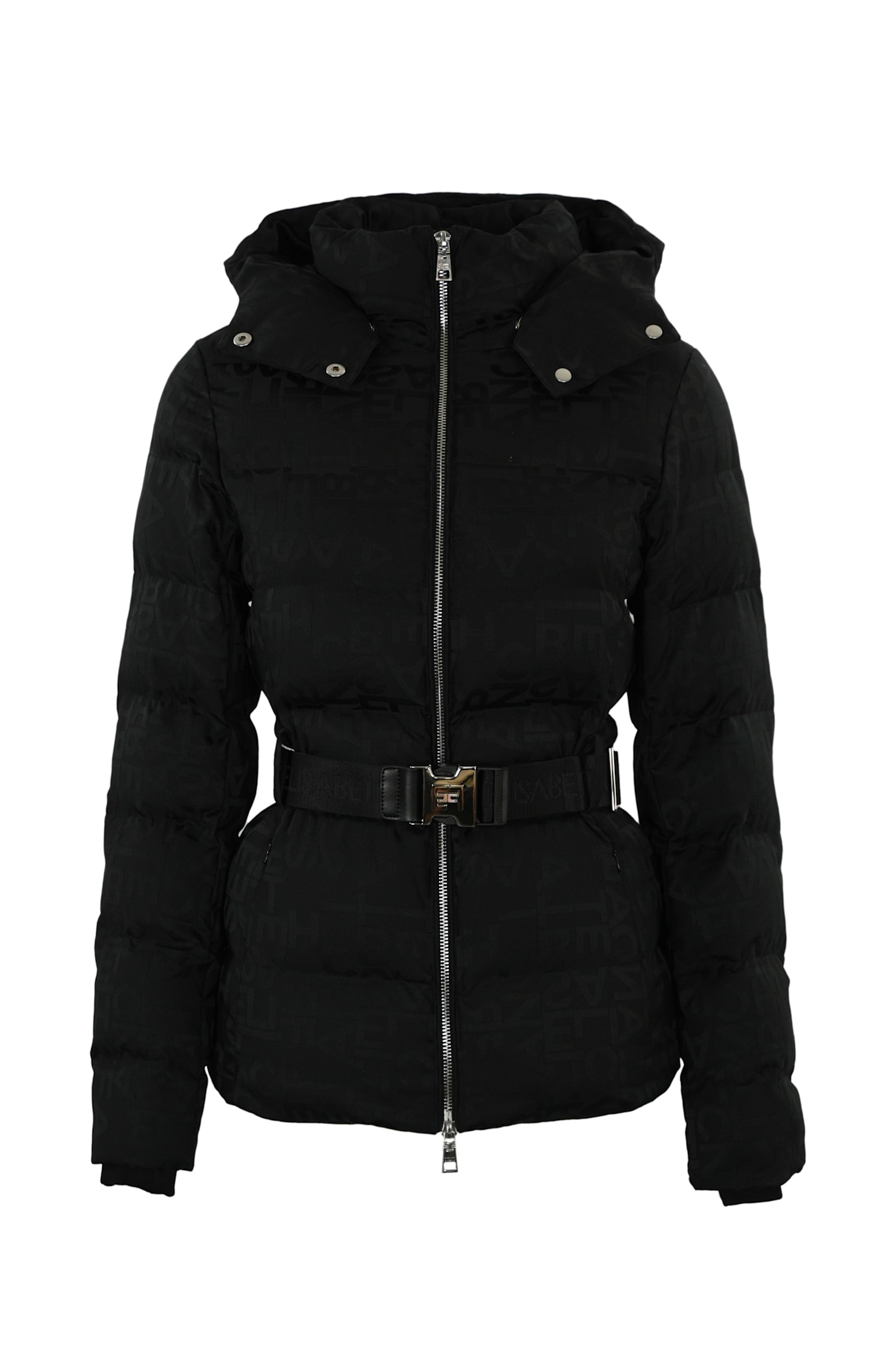 Shop Elisabetta Franchi Short Down Jacket In Jacquard Nylon In Nero