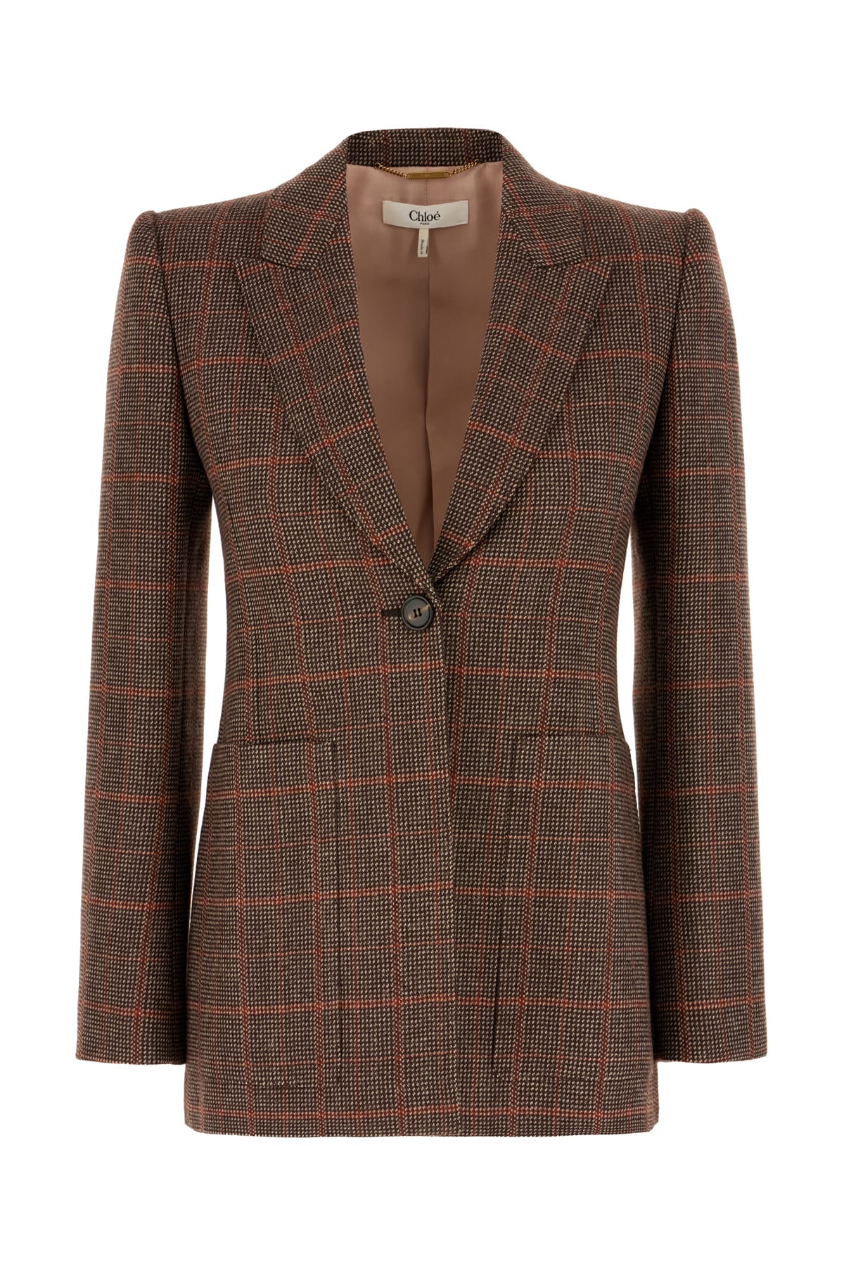 Chloé Single-breasted Checked Brown Wool Jacket Women In Brown