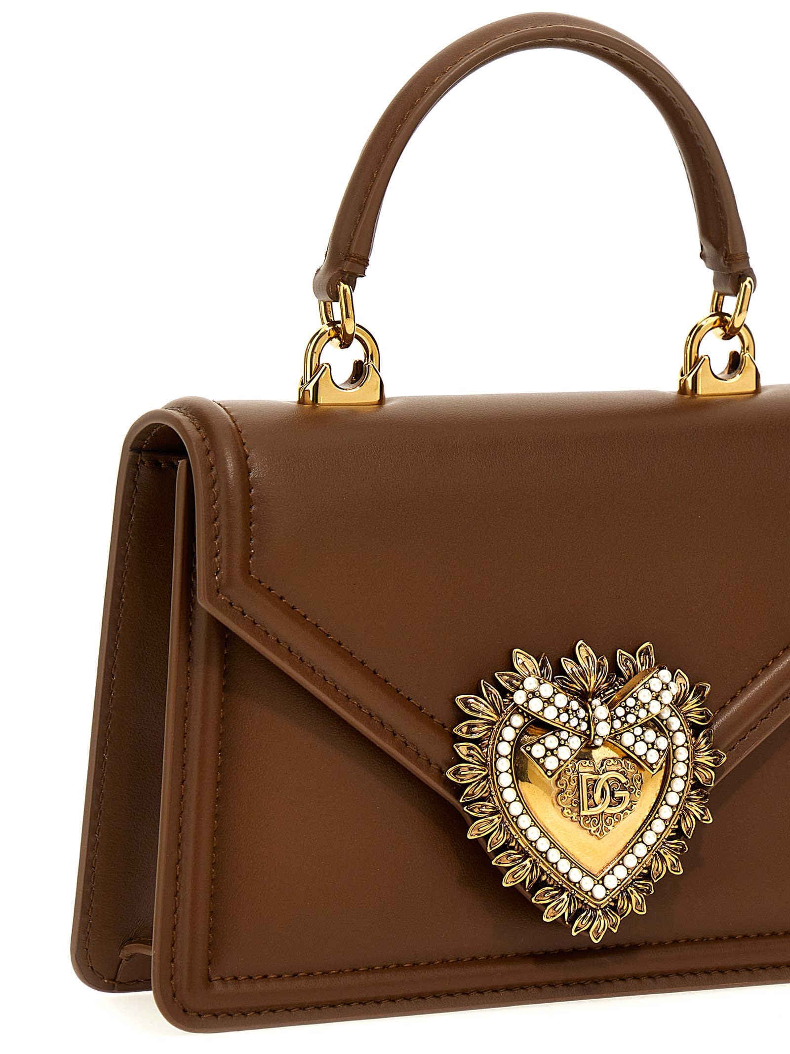Dolce & Gabbana Heart Embellishment Small Leather Handbag In Brown