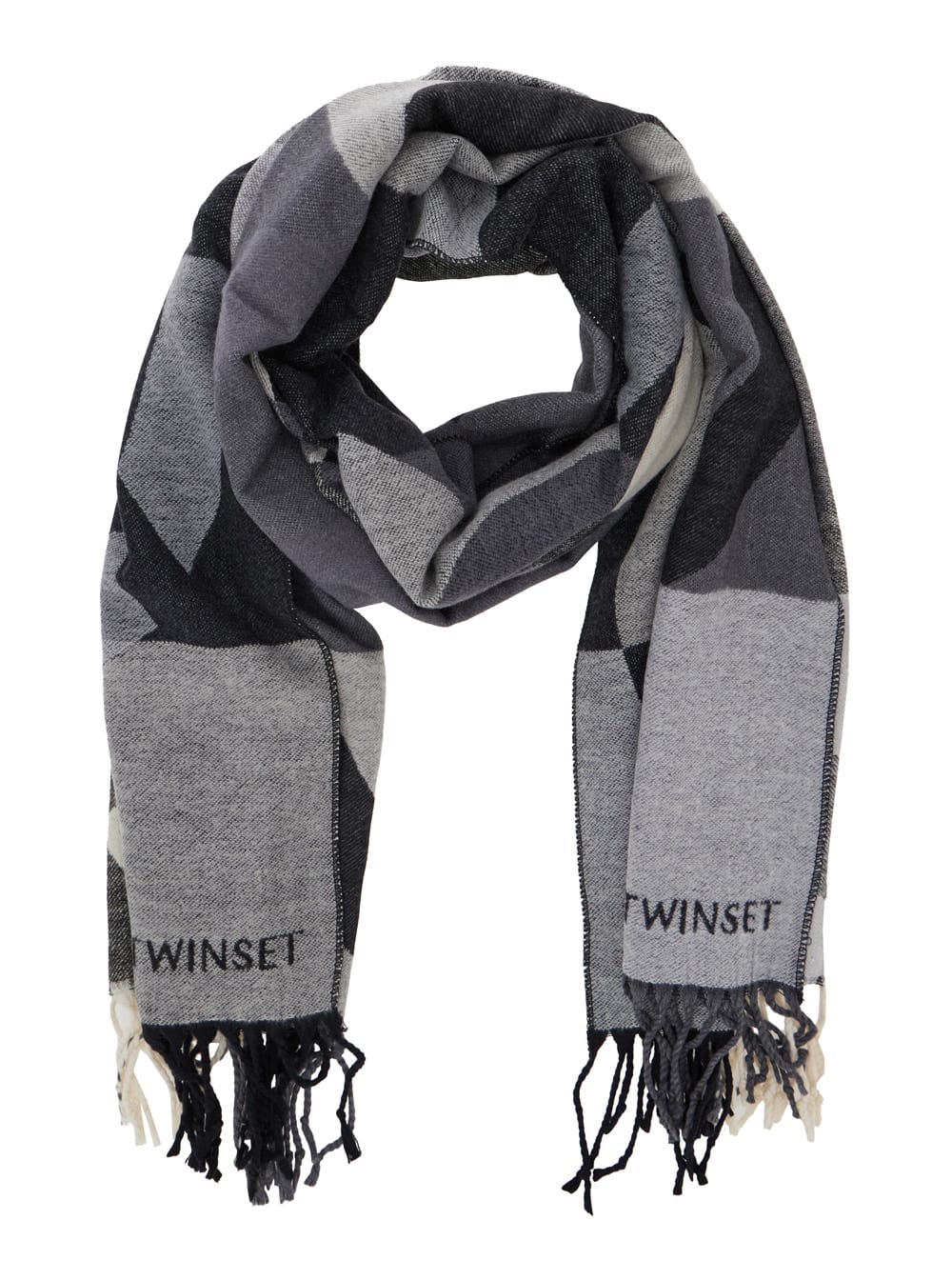 Twinset Geometric-pattern Fringed Scarf In Gray