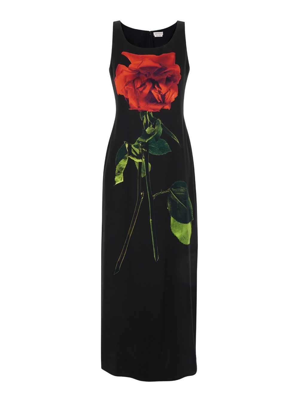 ALEXANDER MCQUEEN BLACK LONG DRESS WITH SHADOW ROSE PRINT IN SILK WOMAN