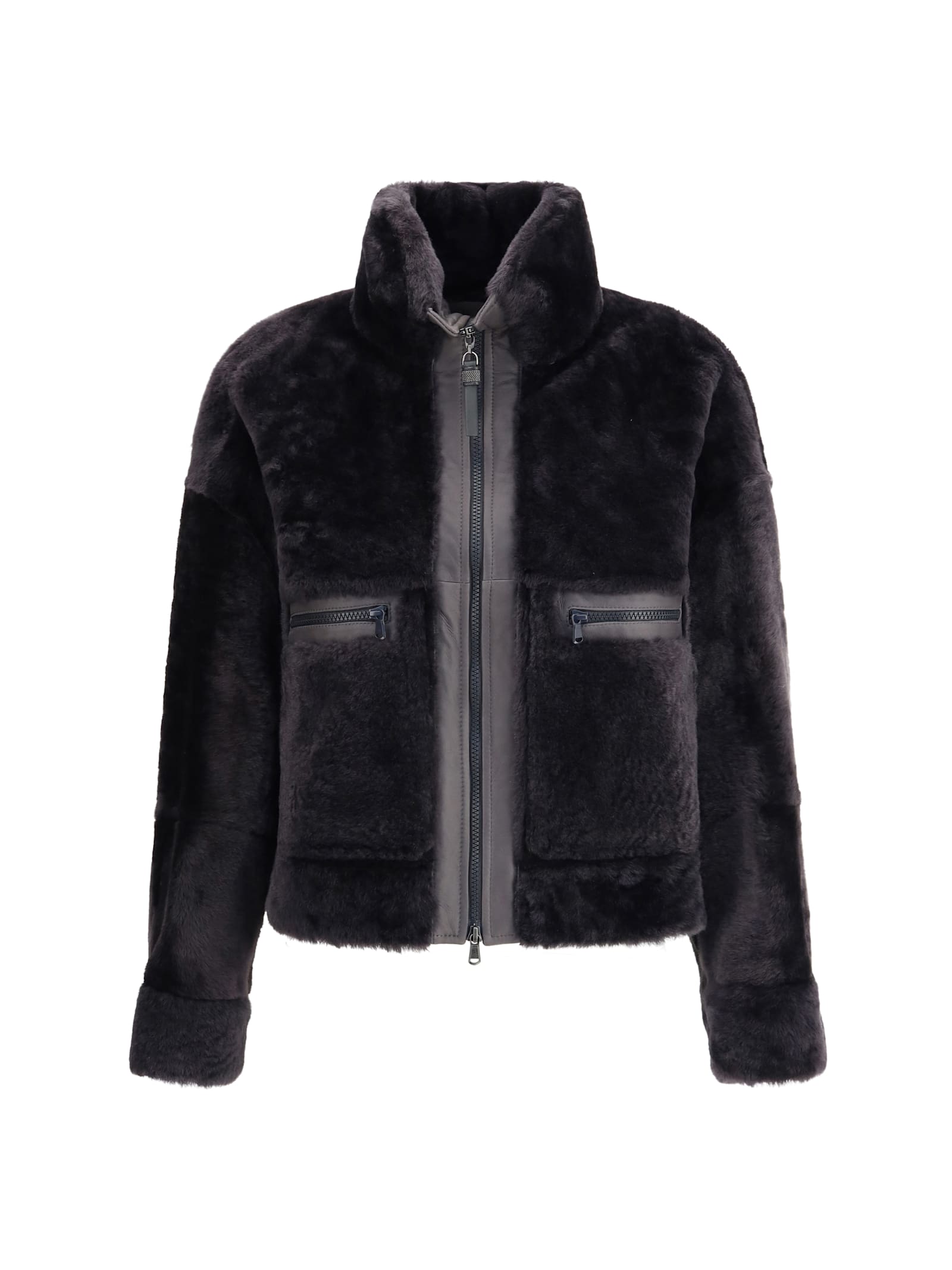 Brunello Cucinelli Grey Shearling Jacket With Two Front Welt Pockets With Zip In Black