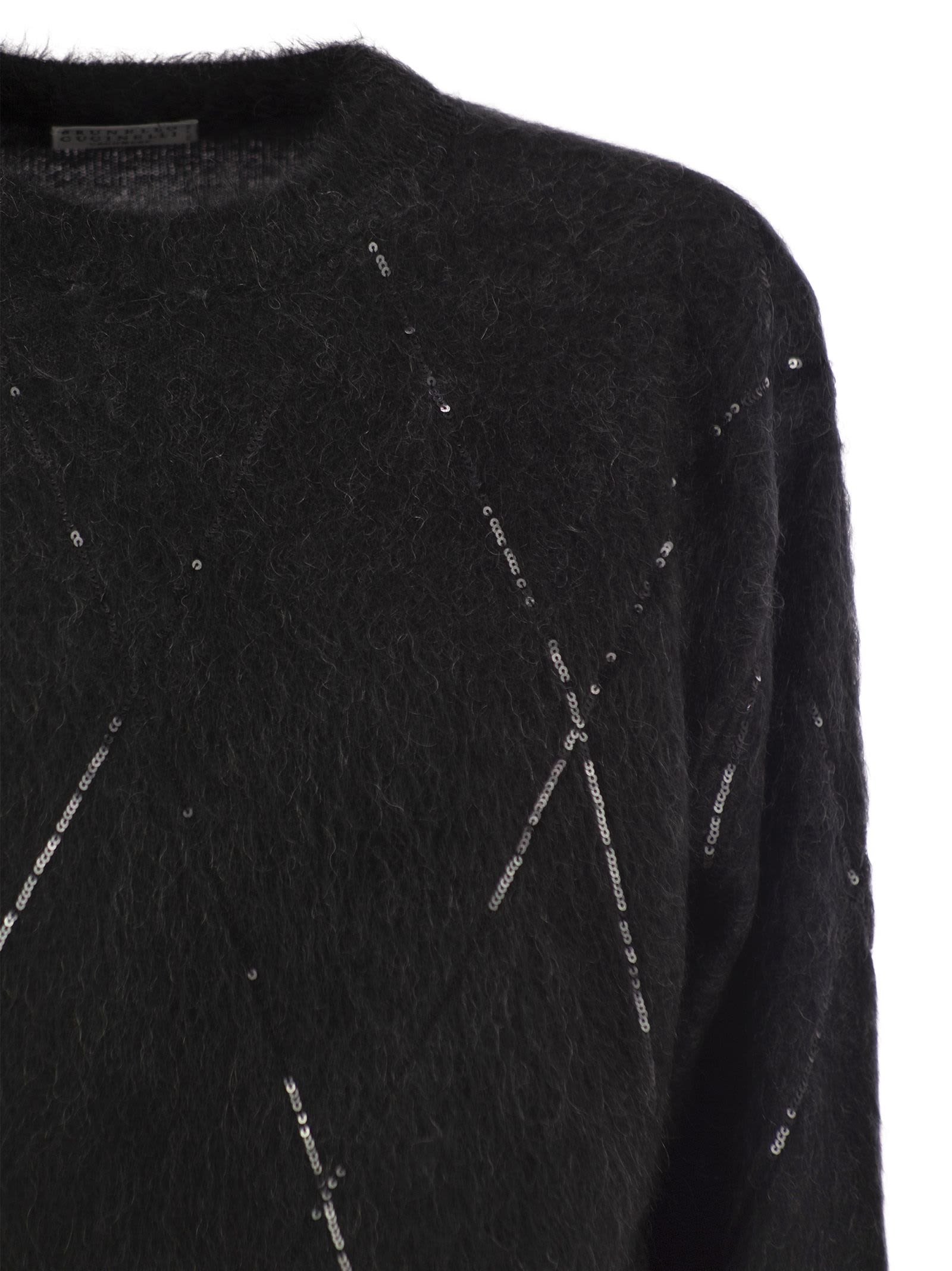 Shop Brunello Cucinelli Mohair, Wool, Cashmere And Silk Sweater With Dazzling Argyle Embroidery In Anthracite