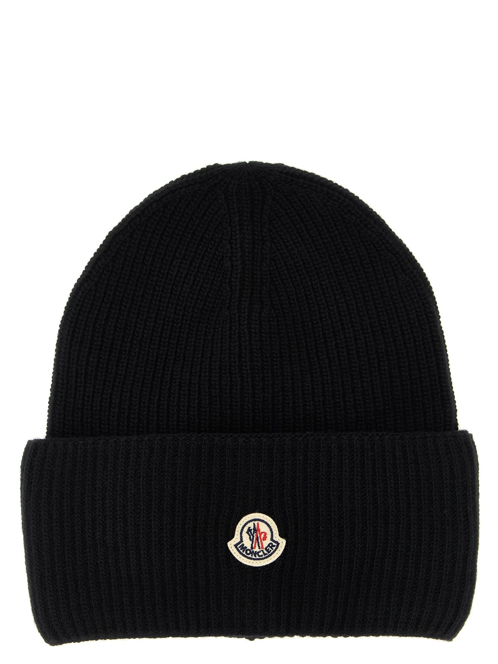 Moncler Ribbed Knit Carded Wool Beanie With Felt Logo Patch In Black