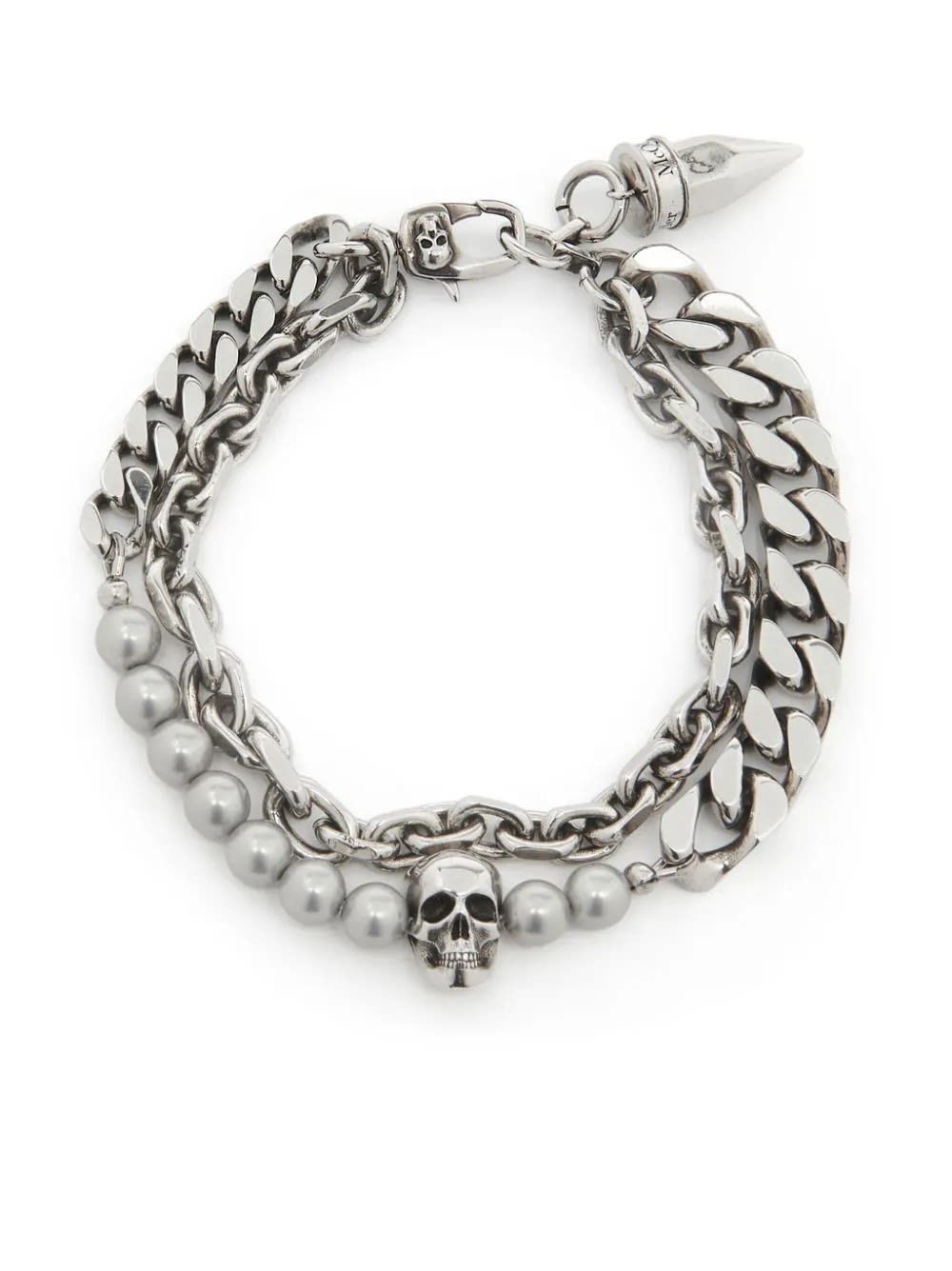Shop Alexander Mcqueen Bracelet With Pearls And Skull Studs In Silver