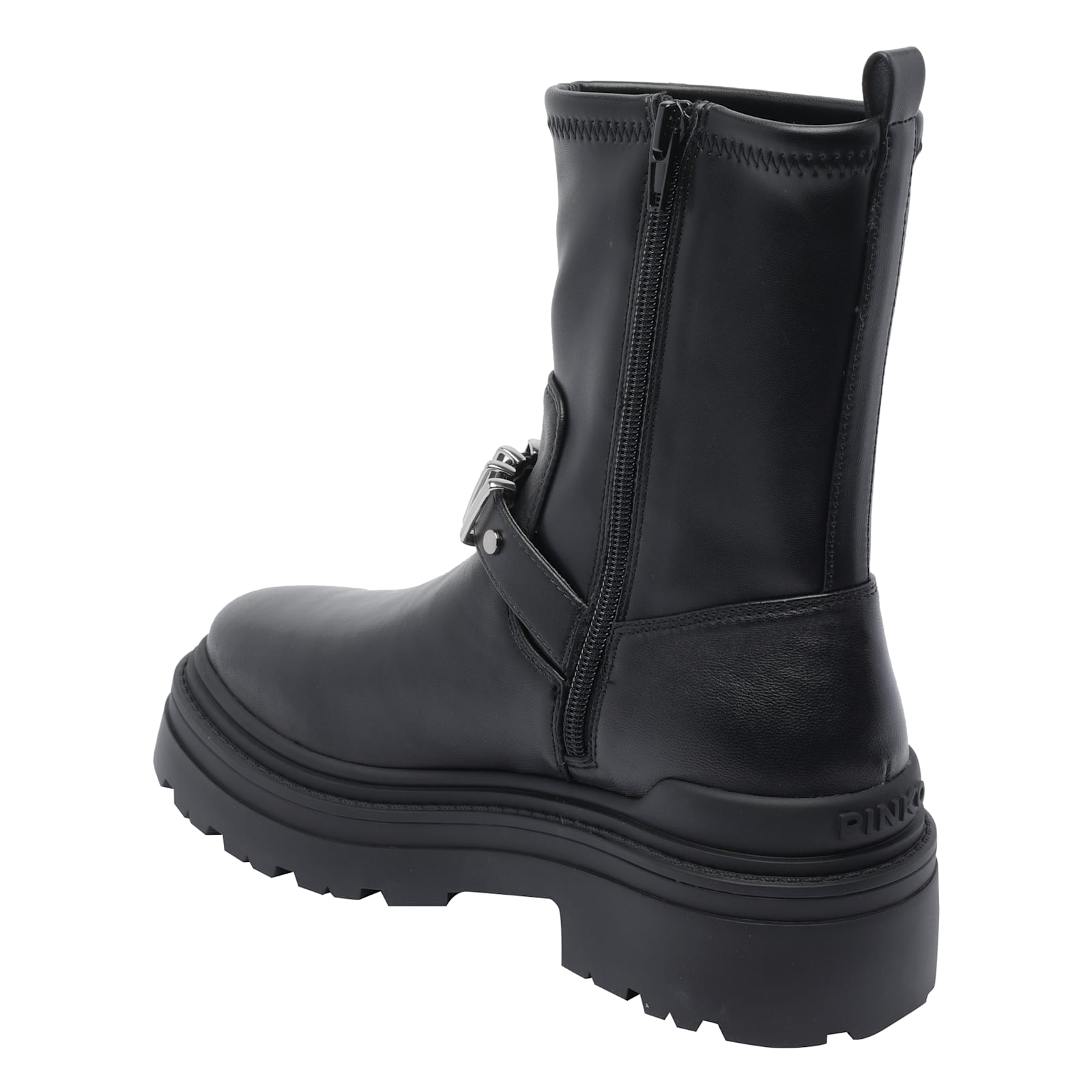 Pinko Rounded Toe Black Leather Ankle Boots With Front Strap In Black