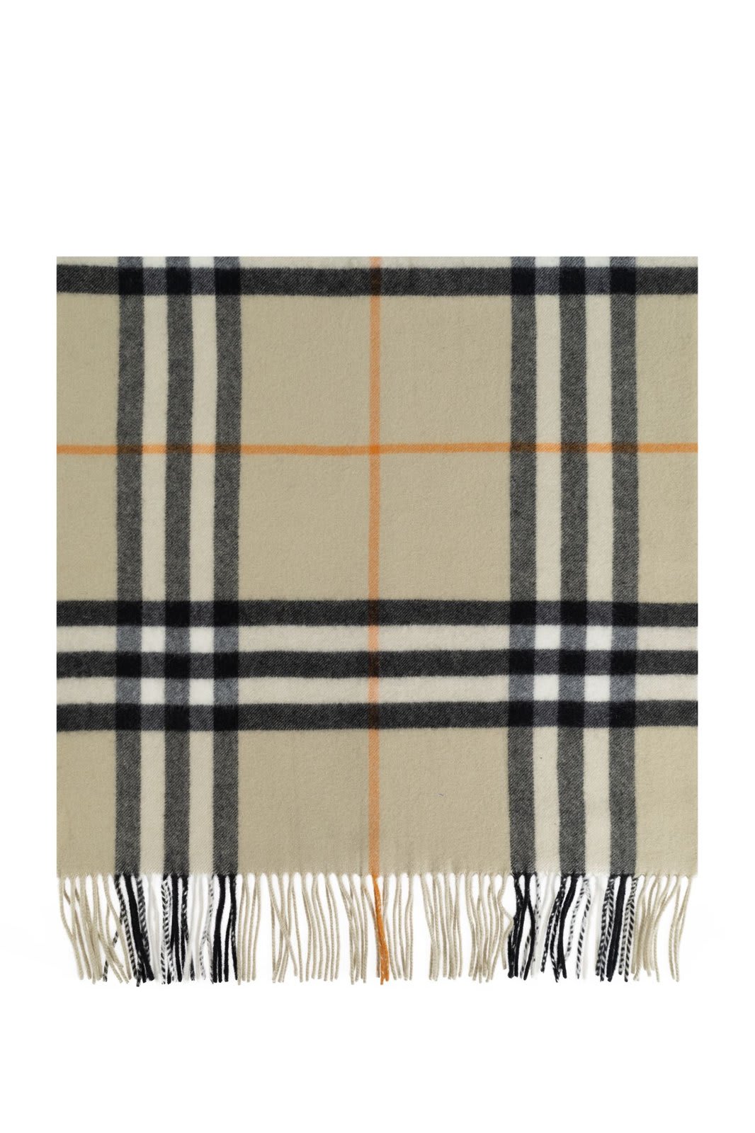 Shop Burberry Check Printed Fringed Scarf In Beige