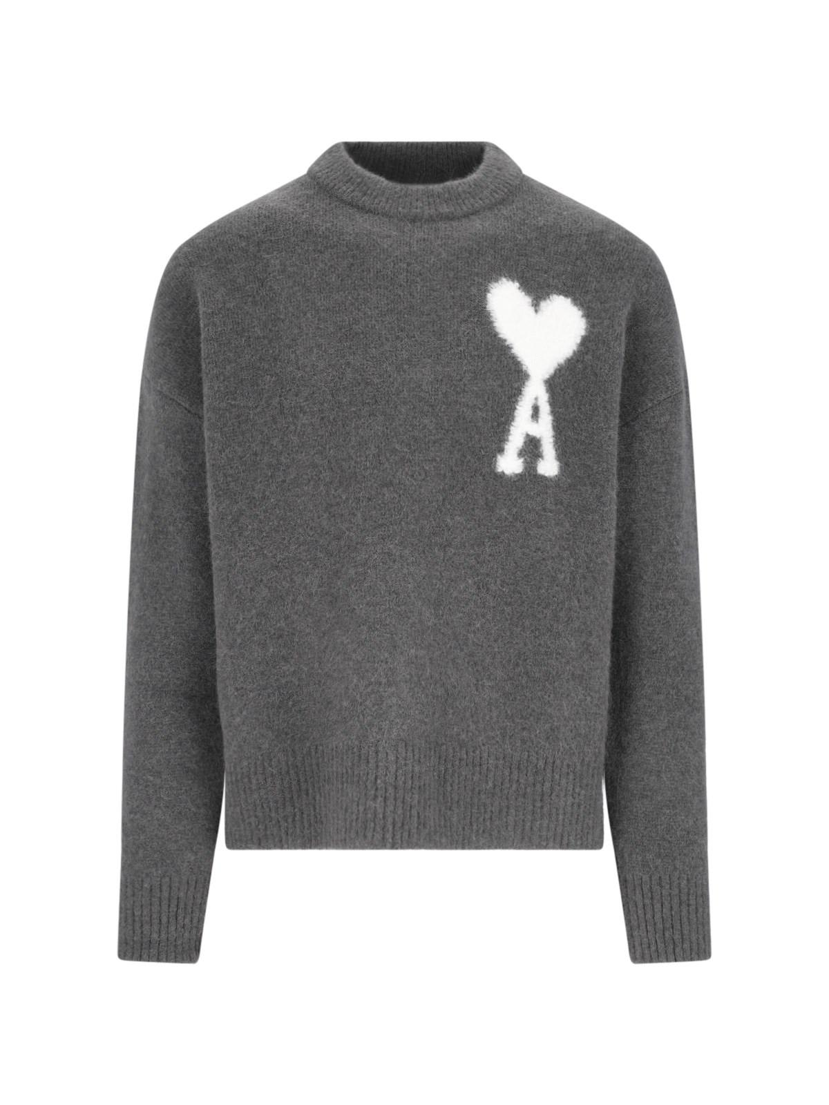 Shop Ami Alexandre Mattiussi De Couer Crew Neck Sweater In Dark Grey