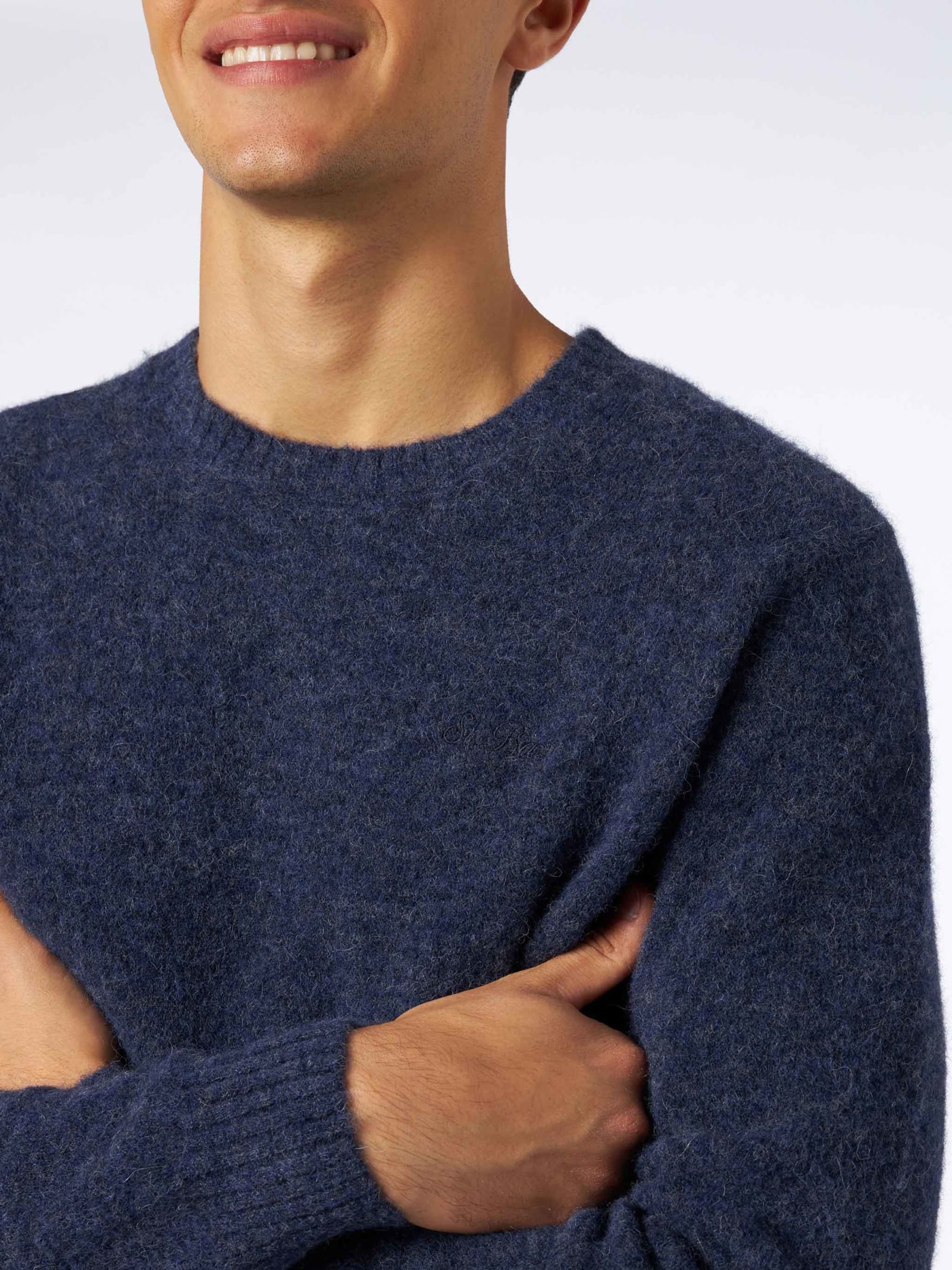 Mc2 Saint Barth Man Navy Blue Stretch Wool Sweater With St. Barth Embroidery In Blue