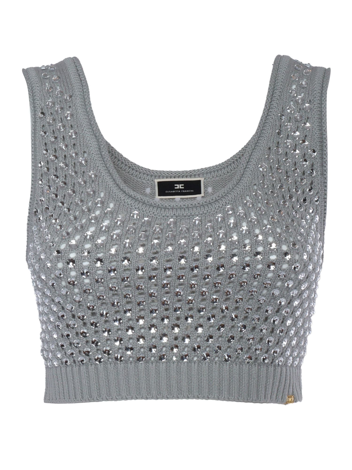 Shop Elisabetta Franchi Gray Tricot Top With Strass In Grey
