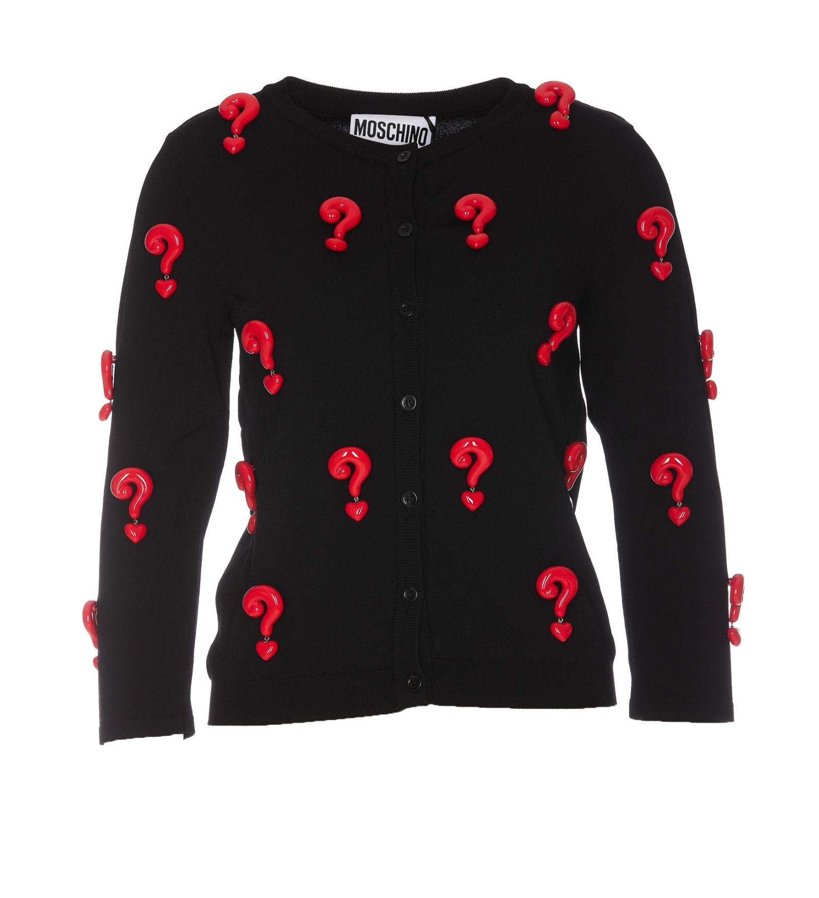 MOSCHINO STRETCH RED QUESTION MARKS CARDIGAN