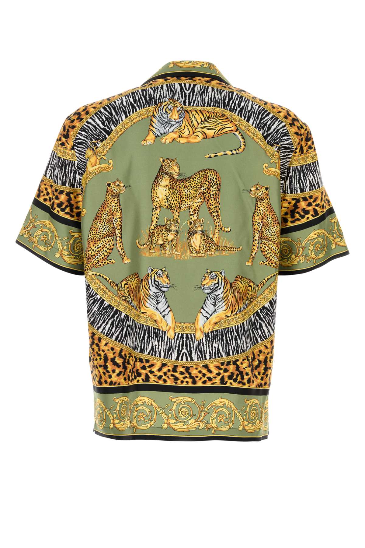 Versace Wild Cats Camp-collar Printed Silk-twill Shirt In Green
