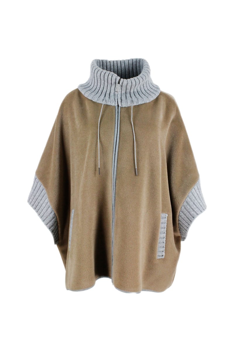 Fabiana Filippi Wool Cape With Zip Closure With Collar And Cuffs In English Rib In Contrasting Color