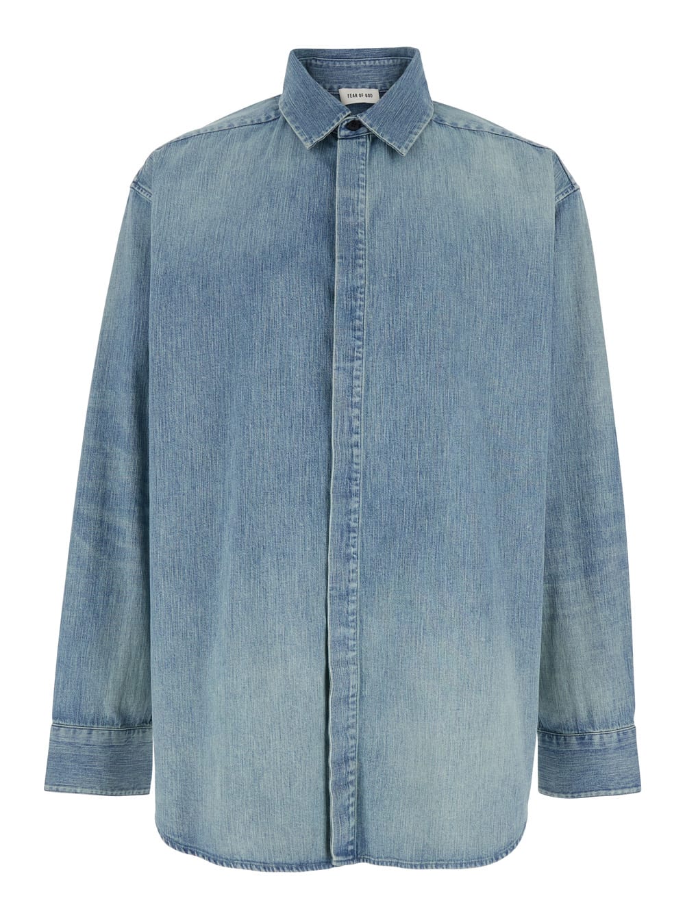 Blue Shirt With Classic Collar And Logo Patch On The Back In Denim Man
