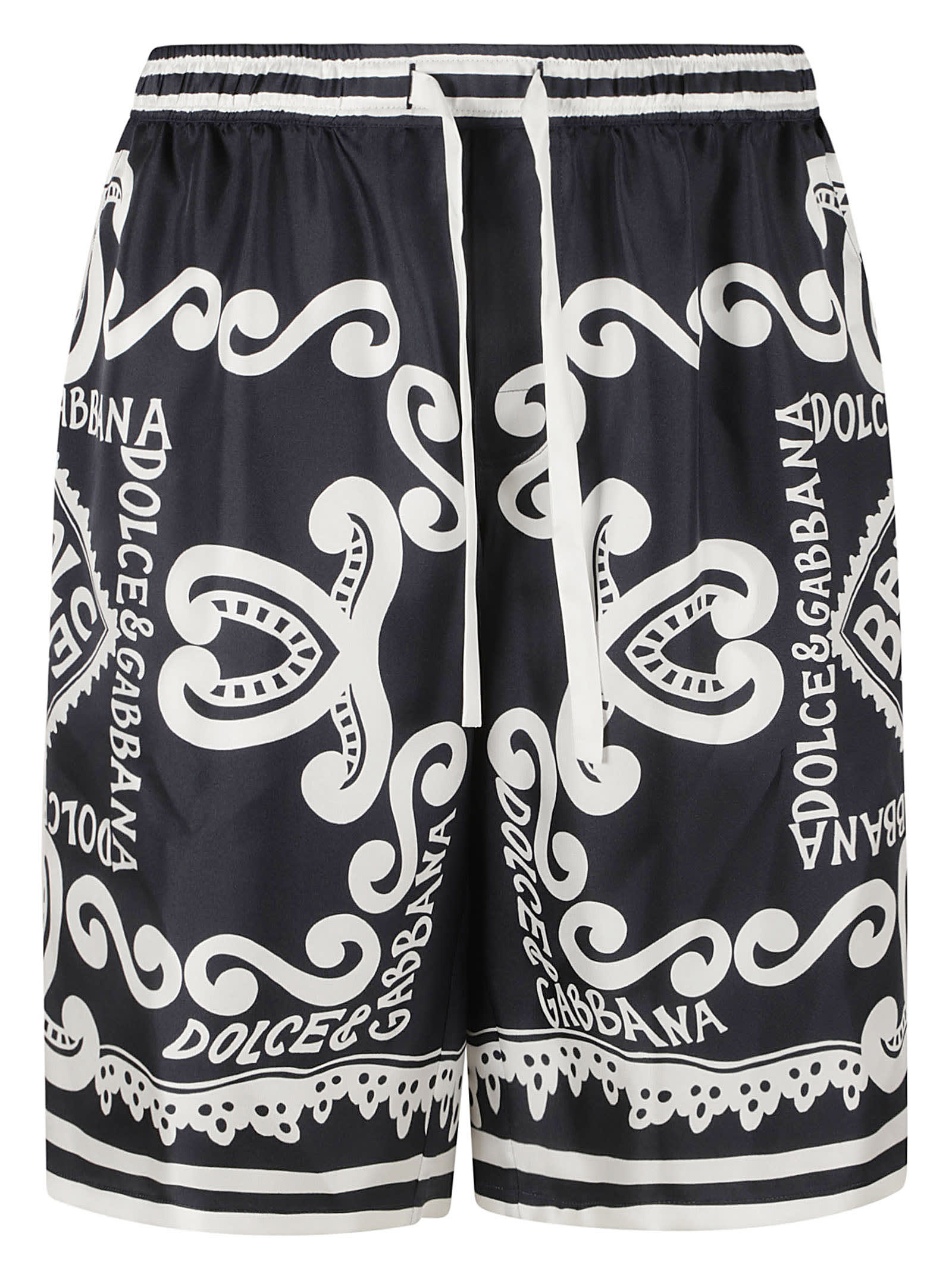 Dolce & Gabbana Elastic Drawstring Waist Printed Shorts In Marine Blue