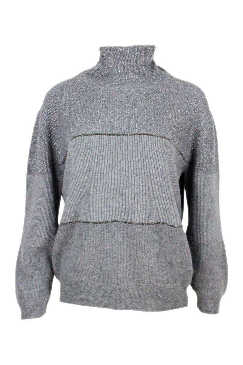 Fabiana Filippi Long-sleeved Turtleneck Sweater In Wool Blend Embellished With Lurex And Monili Threads