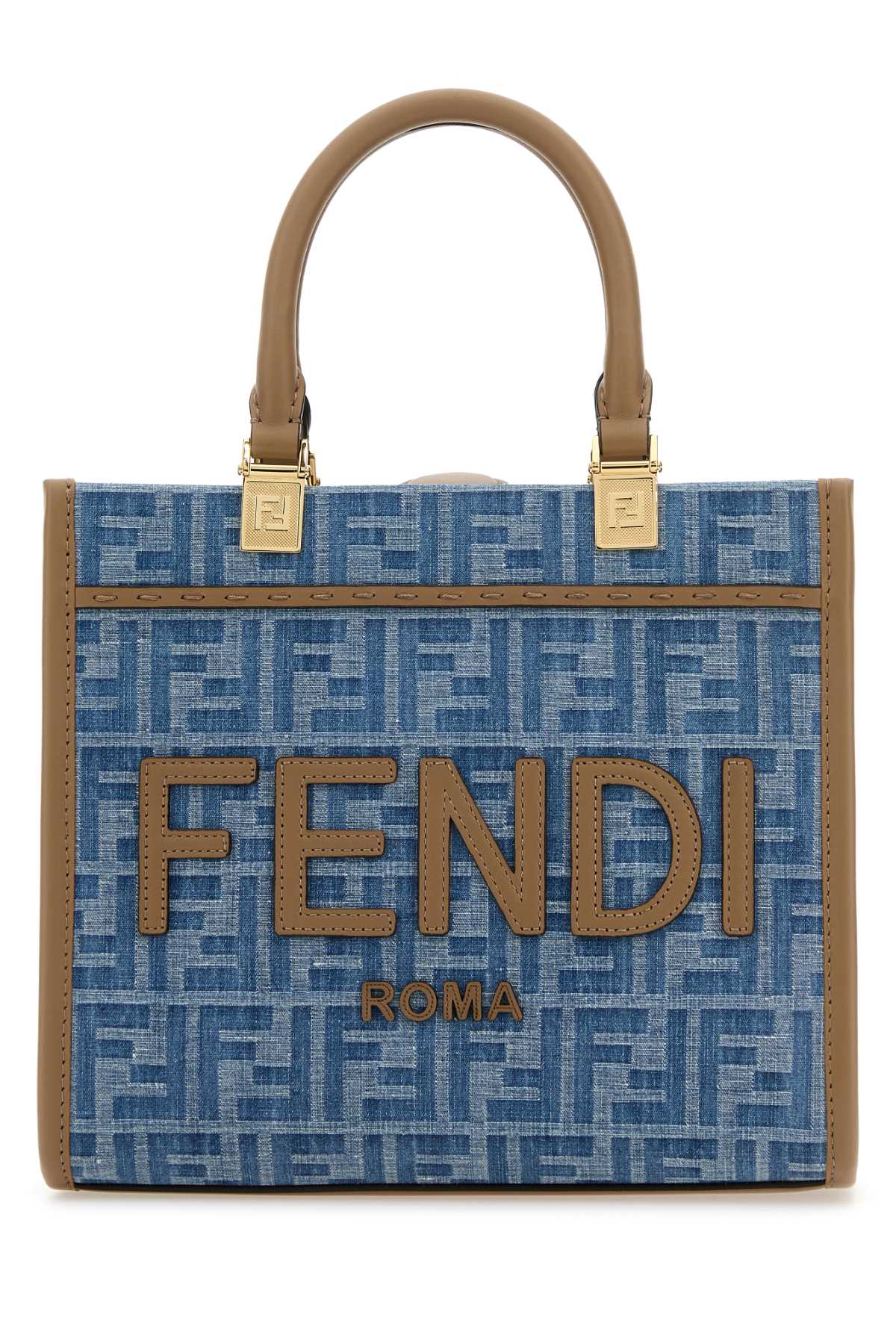 Fendi Embroidered Denim Small Sunshine Shopping Bag In Blue