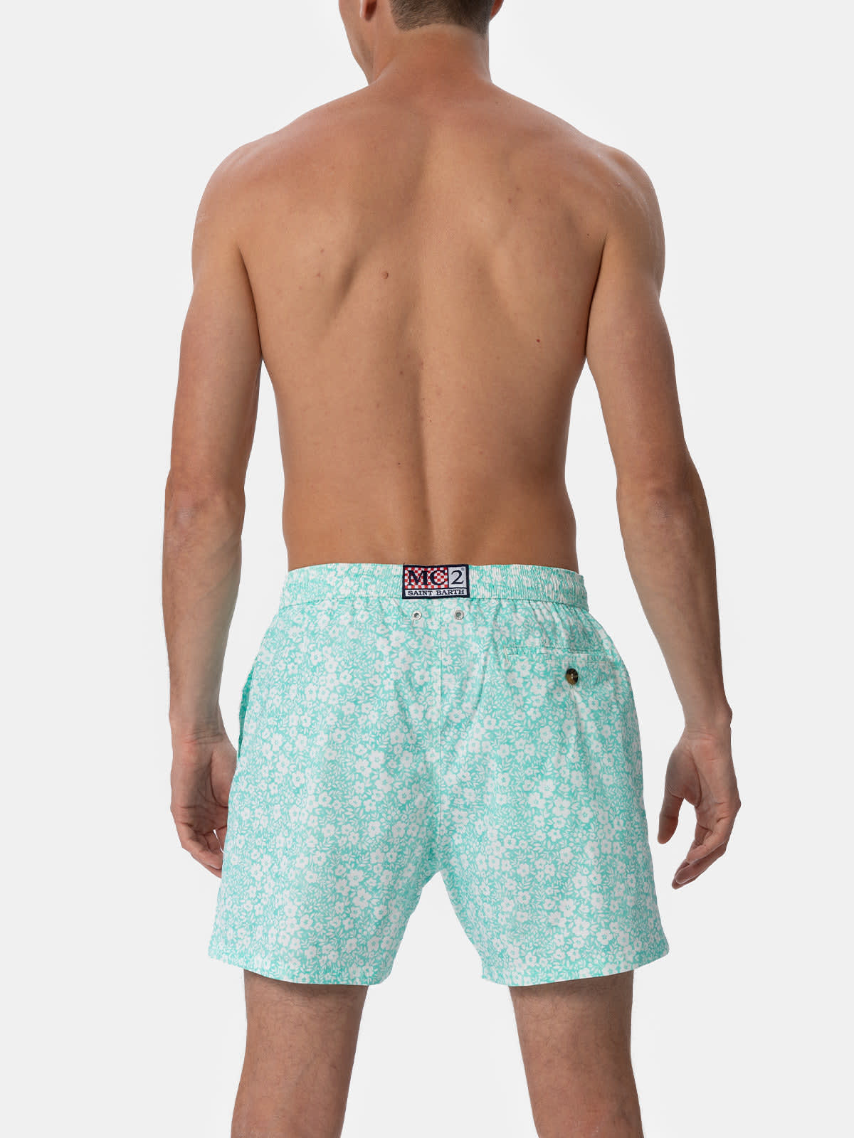 Mc2 Saint Barth Man Comfort Light Swim Shorts With Flower Print In Green