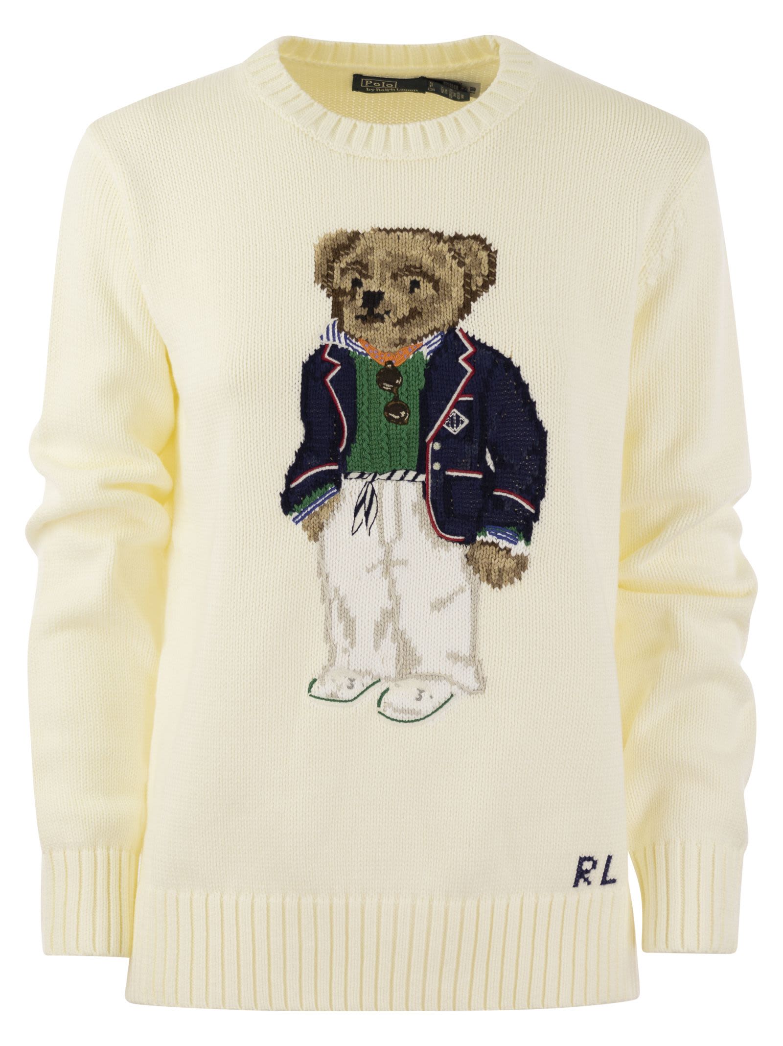 Shop Polo Ralph Lauren Bear Cotton Crew-neck Polo Shirt In Cream