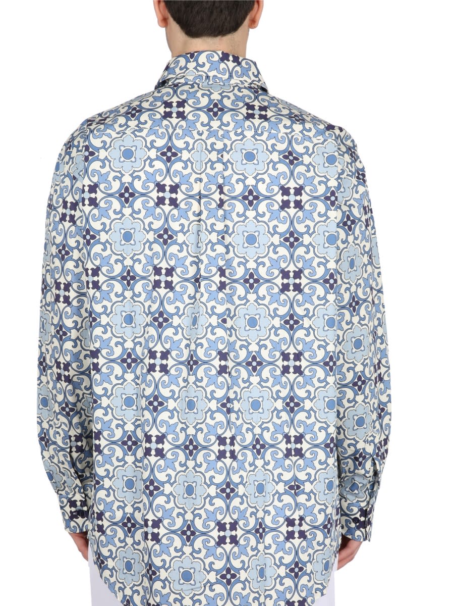 Drôle De Monsieur Printed Button-down Collar Shirt With Long Sleeves In Blue