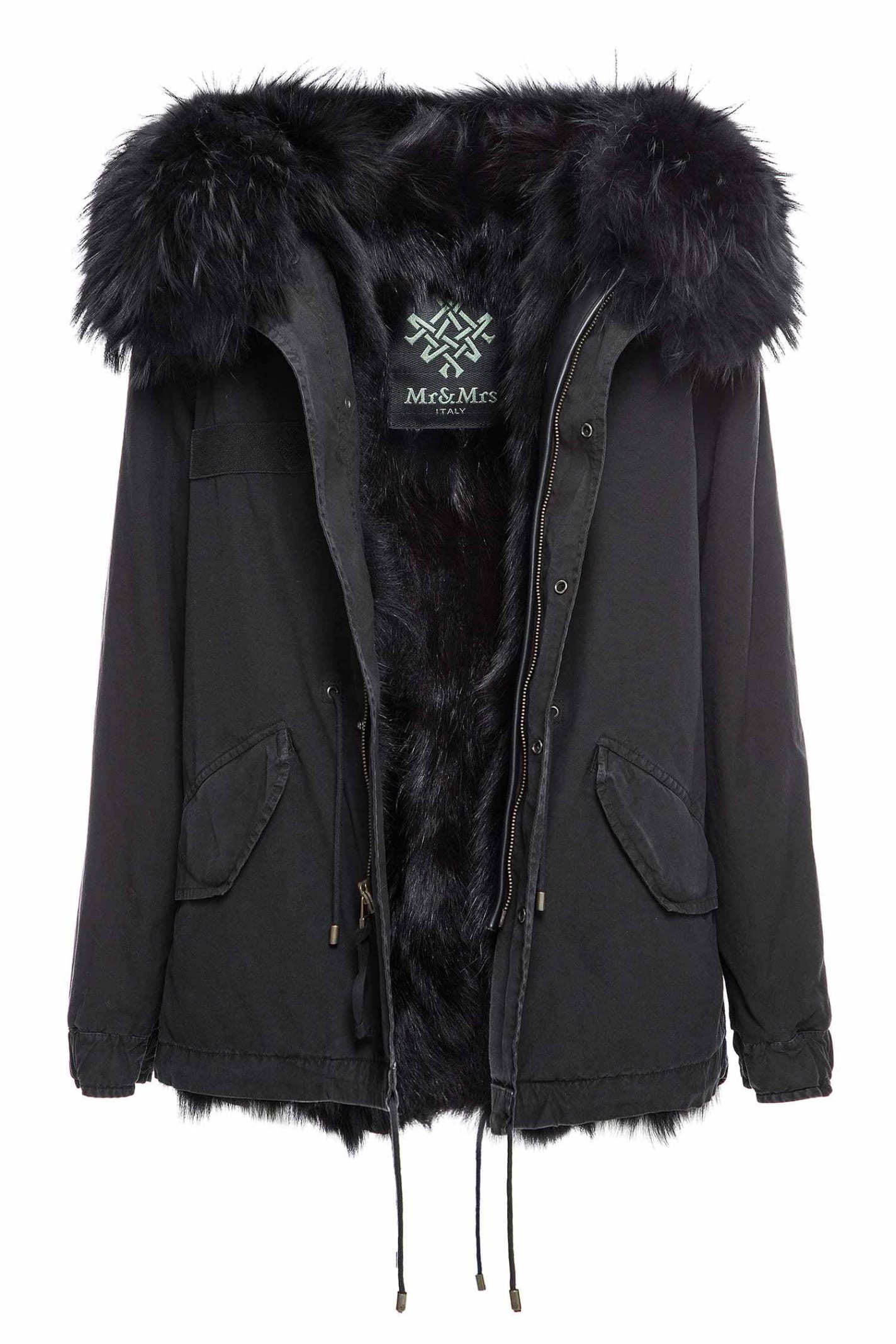 Mr & Mrs Italy Black Mini Parka With Patch Fox And Raccoon Fur