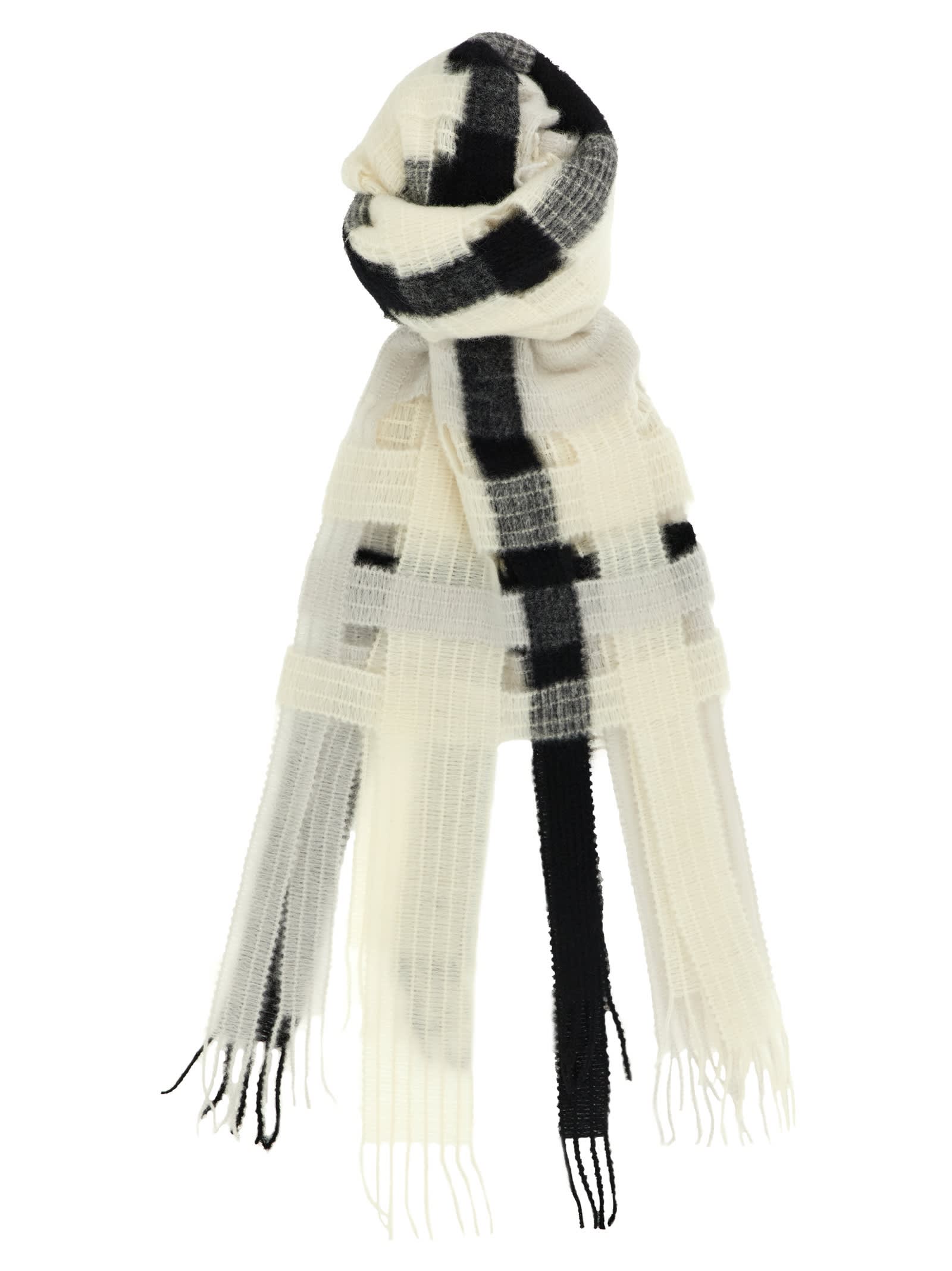 Issey Miyake Checked Pattern Scarf Fringe Detailing In White