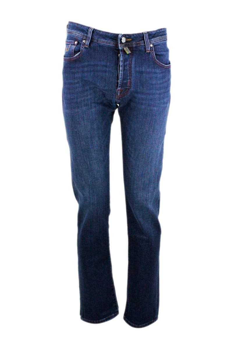 Jacob Cohen Natural Indigo 5-pocket Stretch Denim Jeans With Buttons And Stitching In Contrasting Color, Pony Skin With Logo