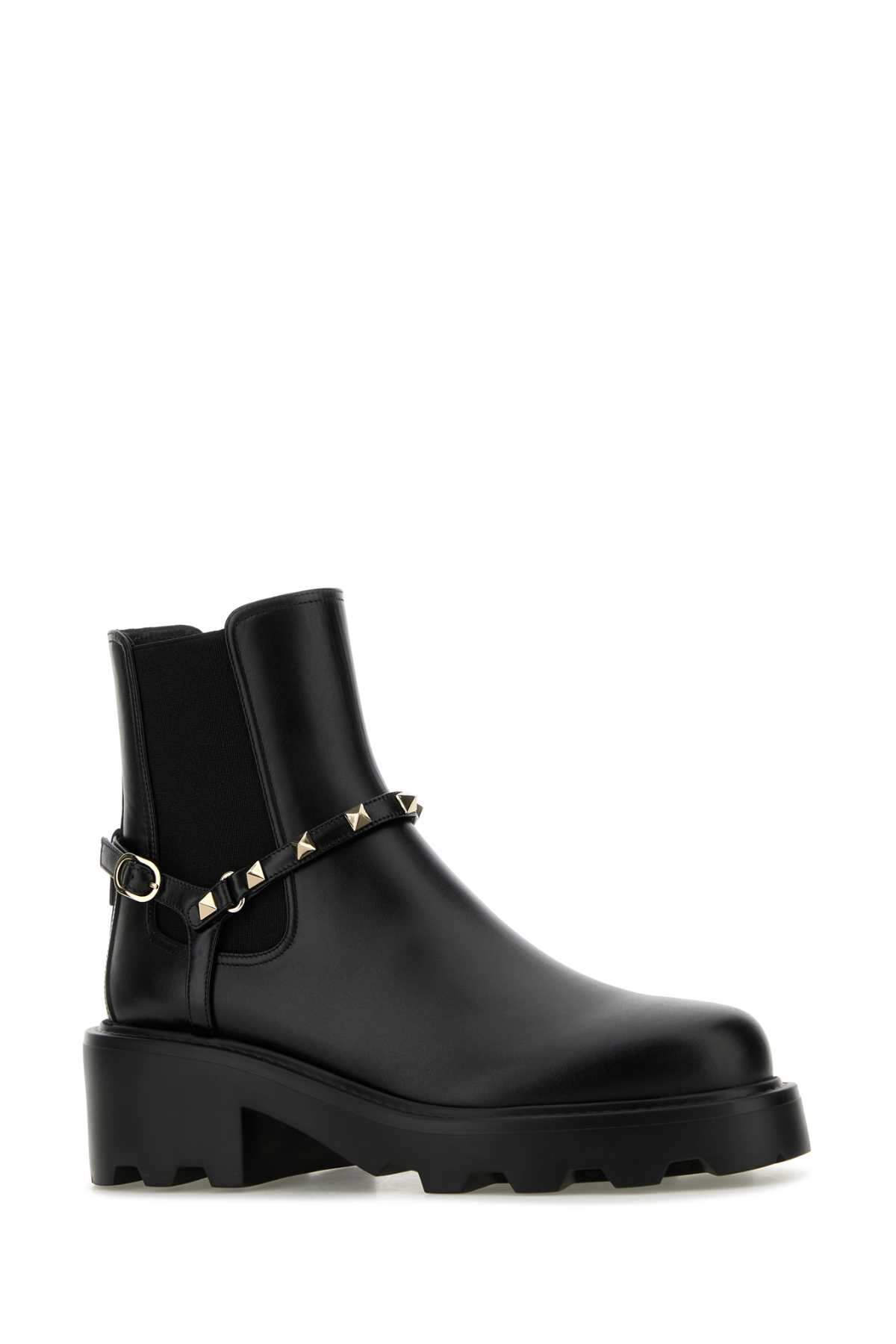 Shop Valentino Black Leather Rockstud Ankle Boots In Nero