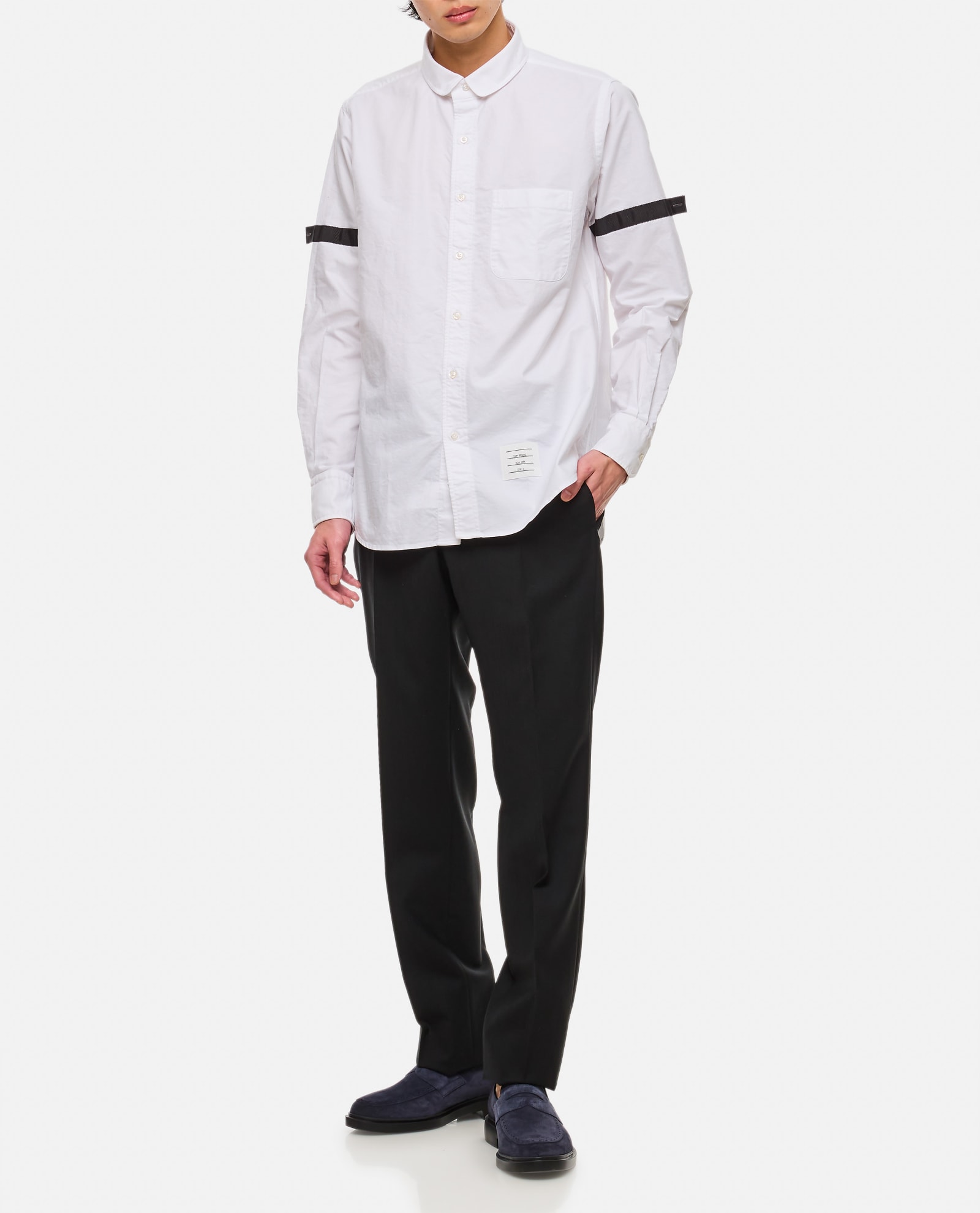 Shop Thom Browne Straight Fit Mini Round Collar Cotton Shirt In White