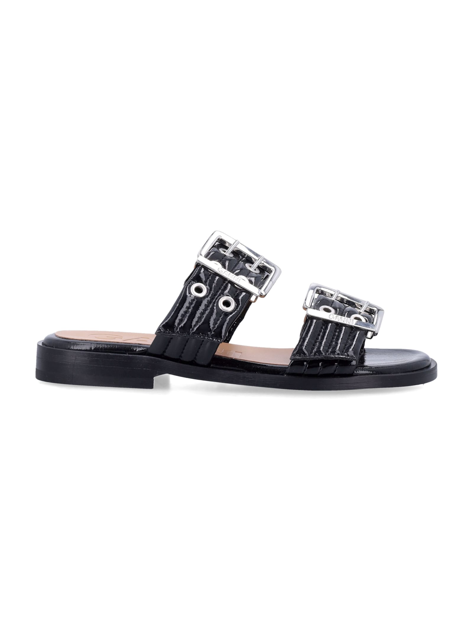 Ganni Feminine Buckle Two-strap Sandals In Black